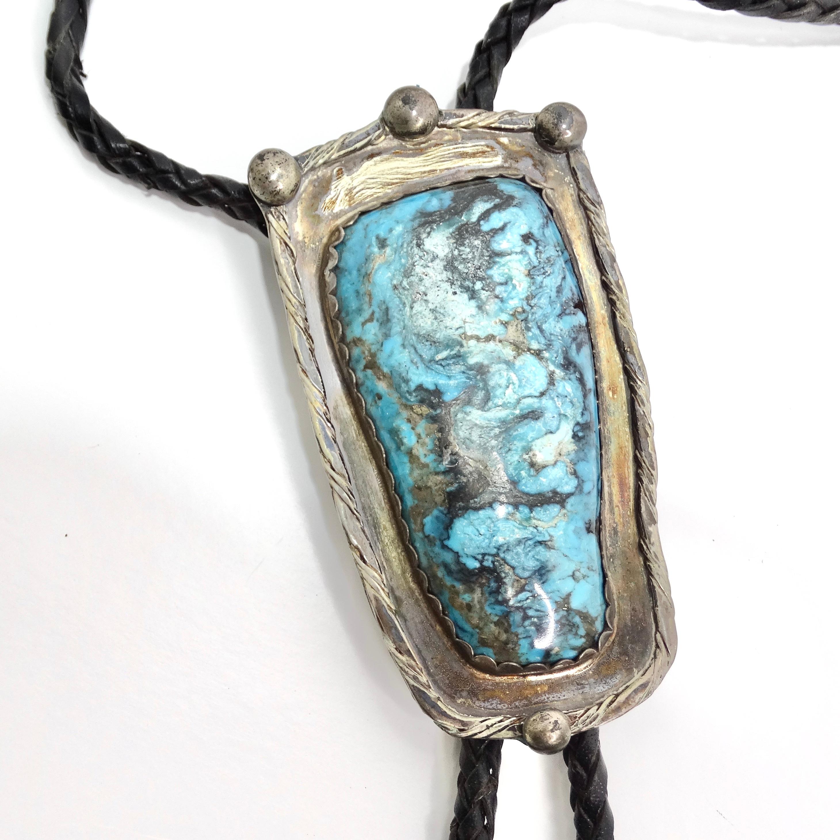 Square Cut 1960s Native American Silver Turquoise Bolo Necklace For Sale