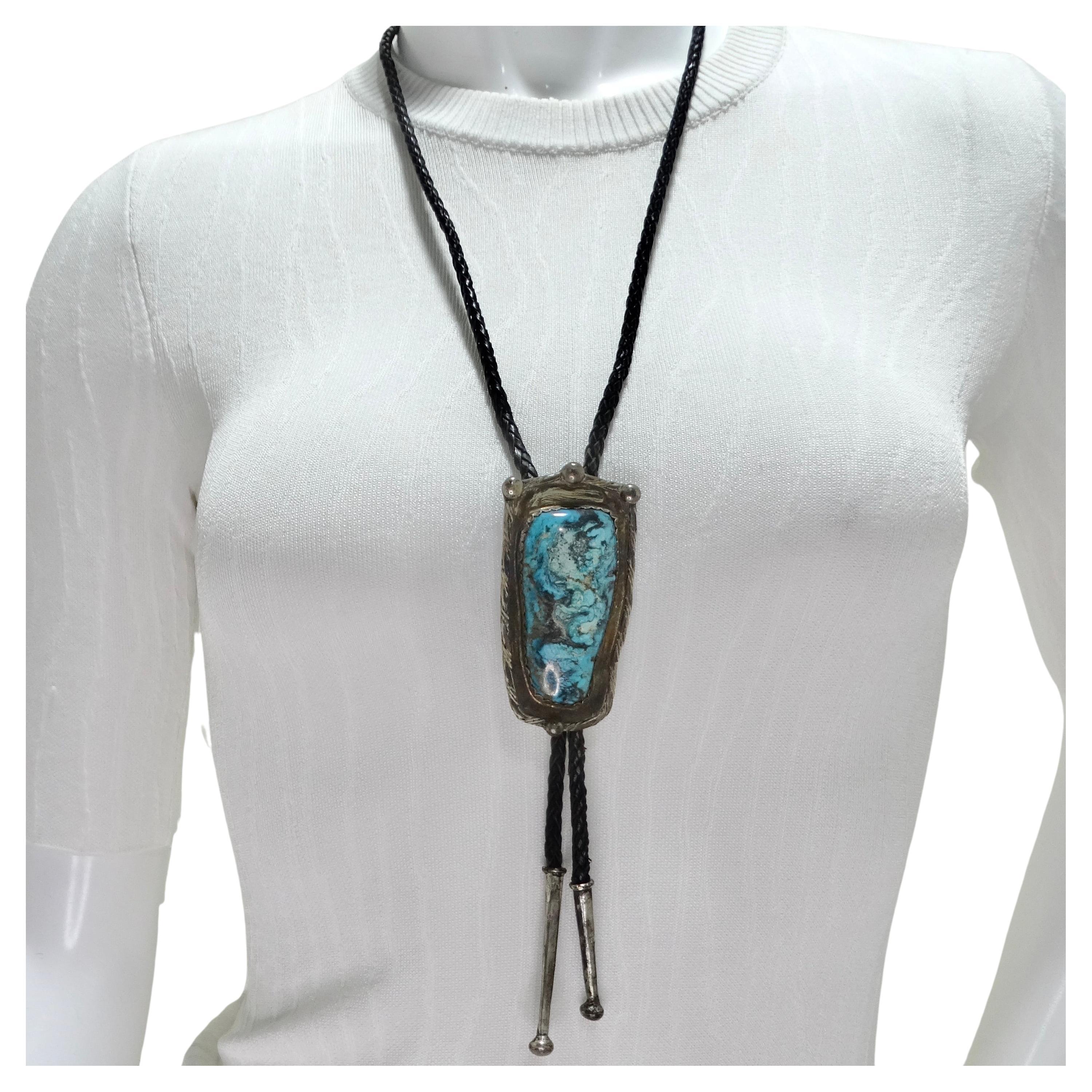 1960s Native American Silver Turquoise Bolo Necklace For Sale