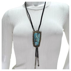 Vintage 1960s Native American Silver Turquoise Bolo Necklace