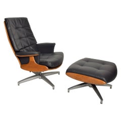 1960s Wonderful Heywood Wakefield Teak Leather Rocker Lounge Chair & Ottoman