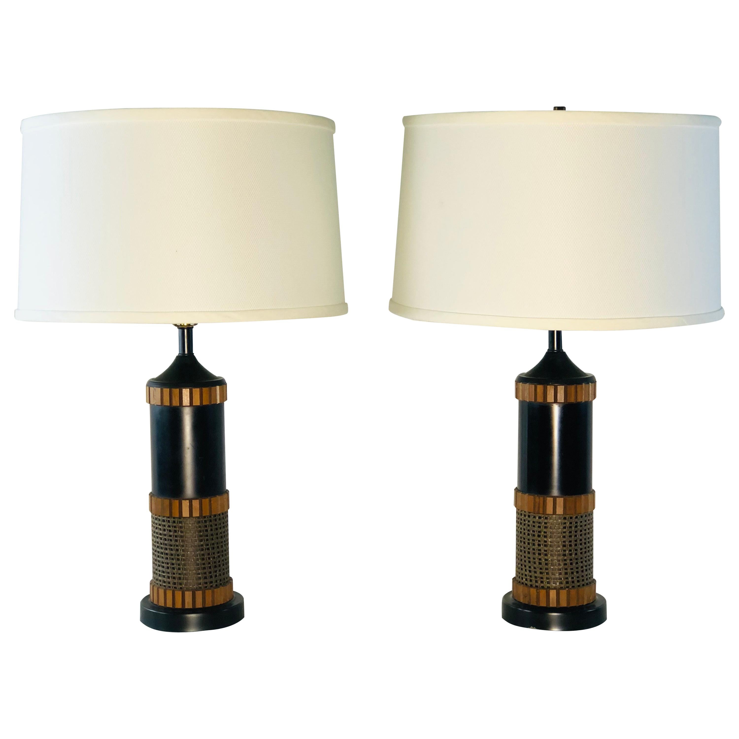 1960s Wood and Burlap Style Table Lamps, Pair For Sale