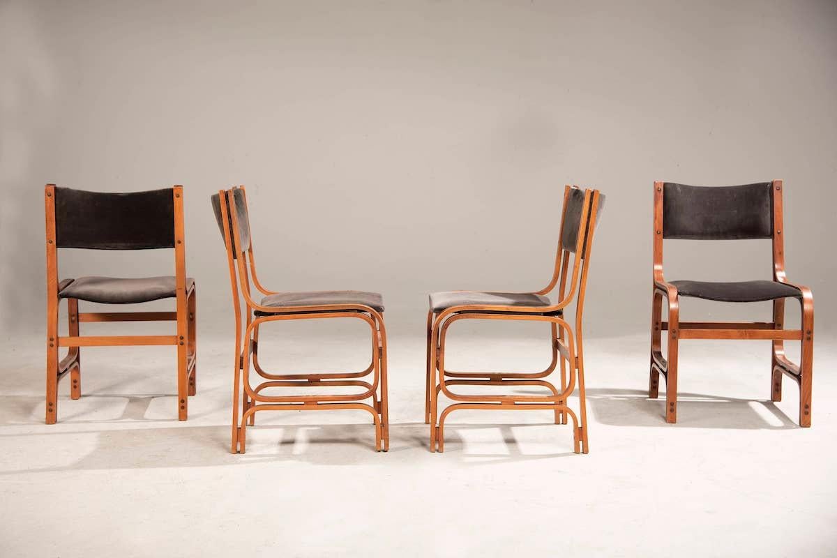 Mid-20th Century 1960s Wood And Velvet Chairs Set Of 4 For Sale