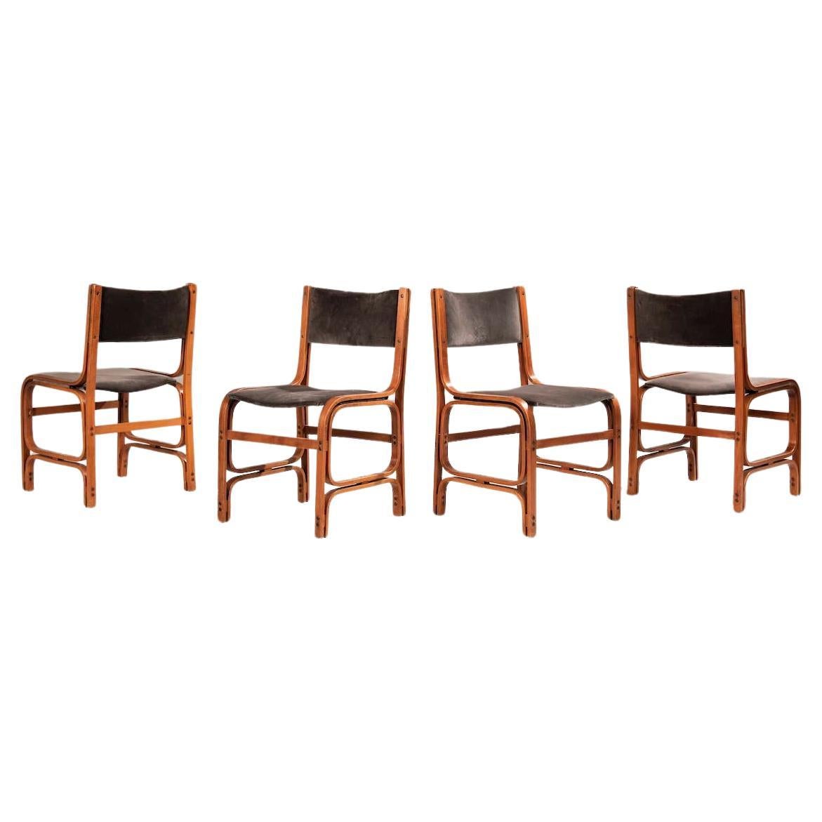 Juego De 4 Sillas De Madera Y Terciopelo De Los Años 60