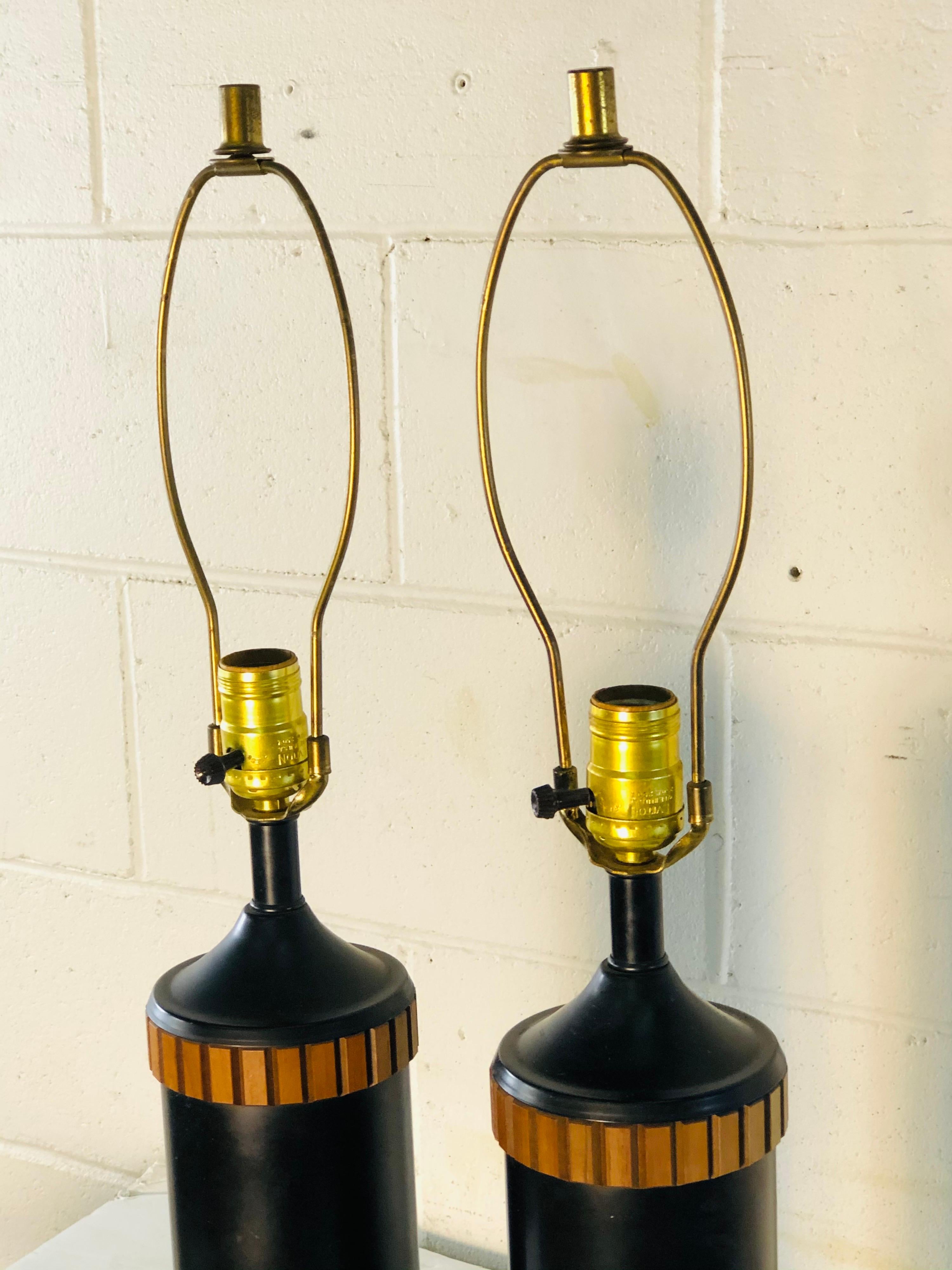 1960s Wood and Burlap Style Table Lamps, Pair For Sale 2