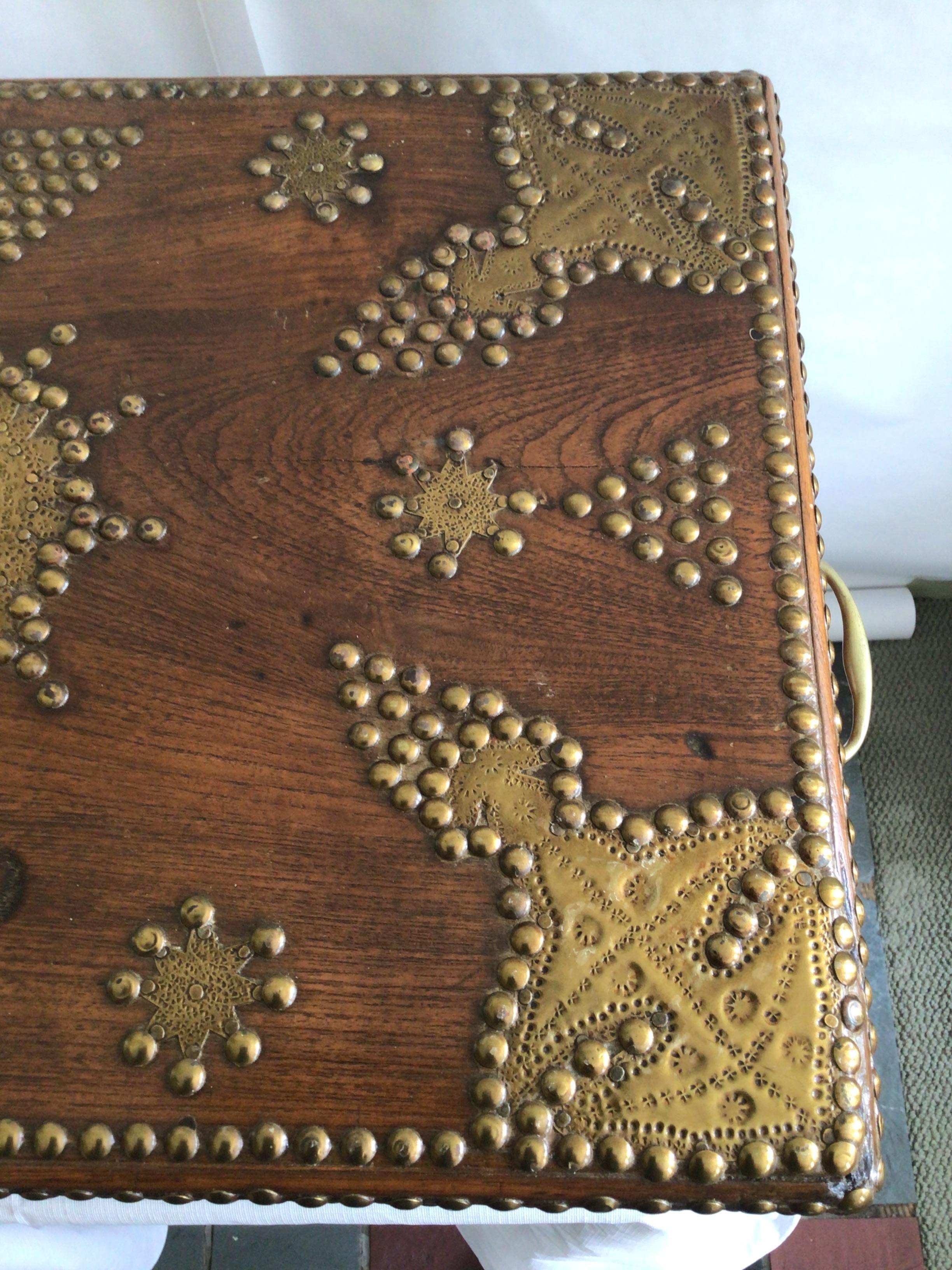 1960s Wood Small Trunk Ornately Embellished With Brass Studs For Sale 7