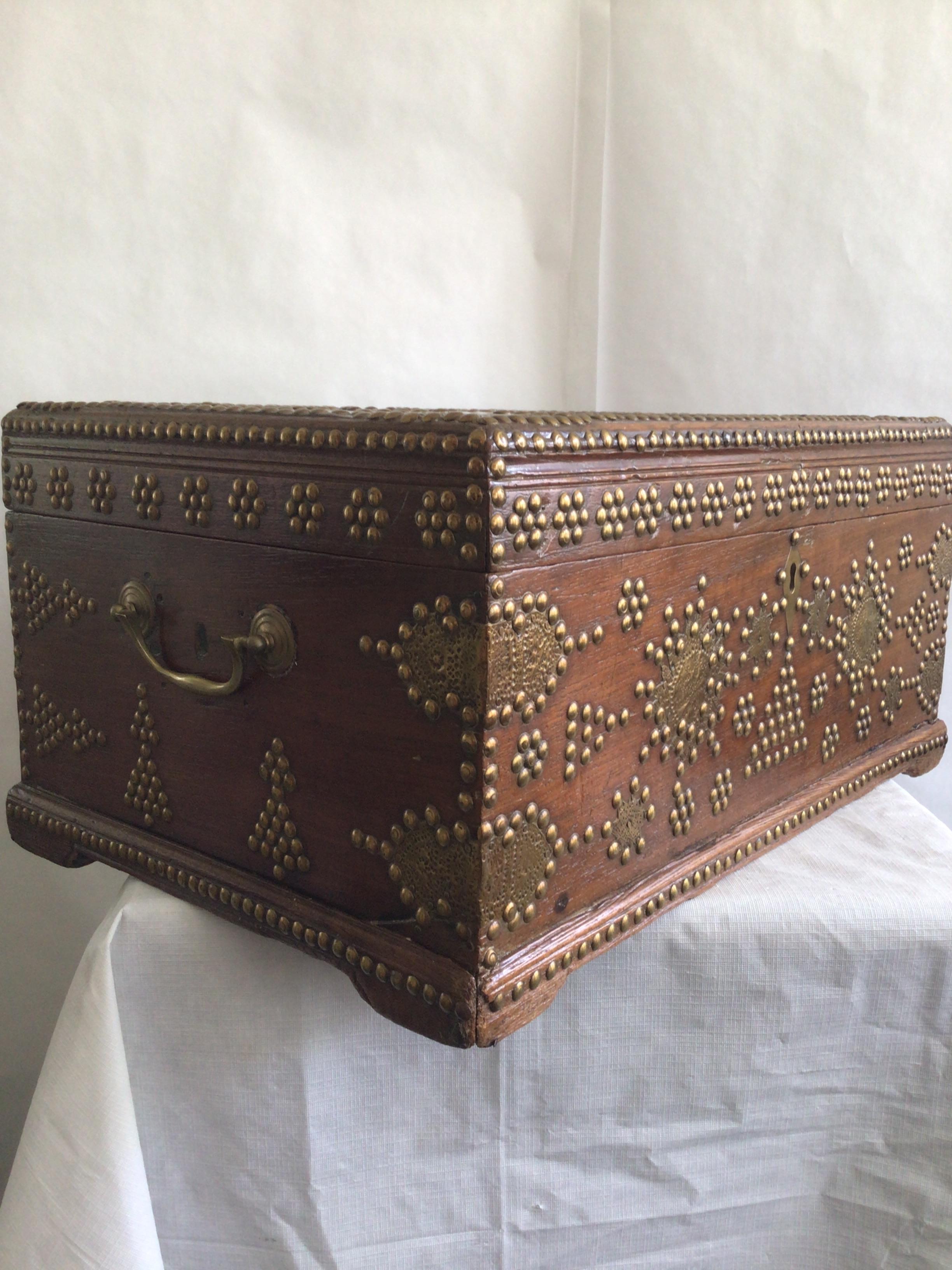 Hand-Crafted 1960s Wood Small Trunk Ornately Embellished With Brass Studs For Sale