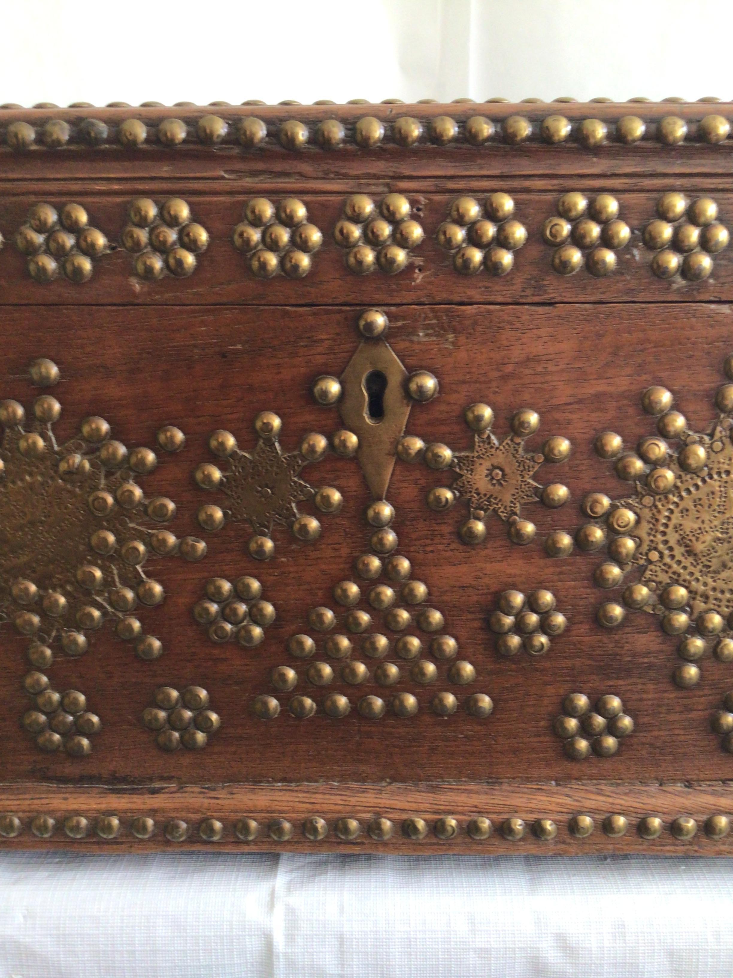 1960s Wood Small Trunk Ornately Embellished With Brass Studs For Sale 1