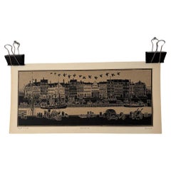 1960s Woodblock Print Panoramic View of Copenhagen NYHAVN Harbour by SARO