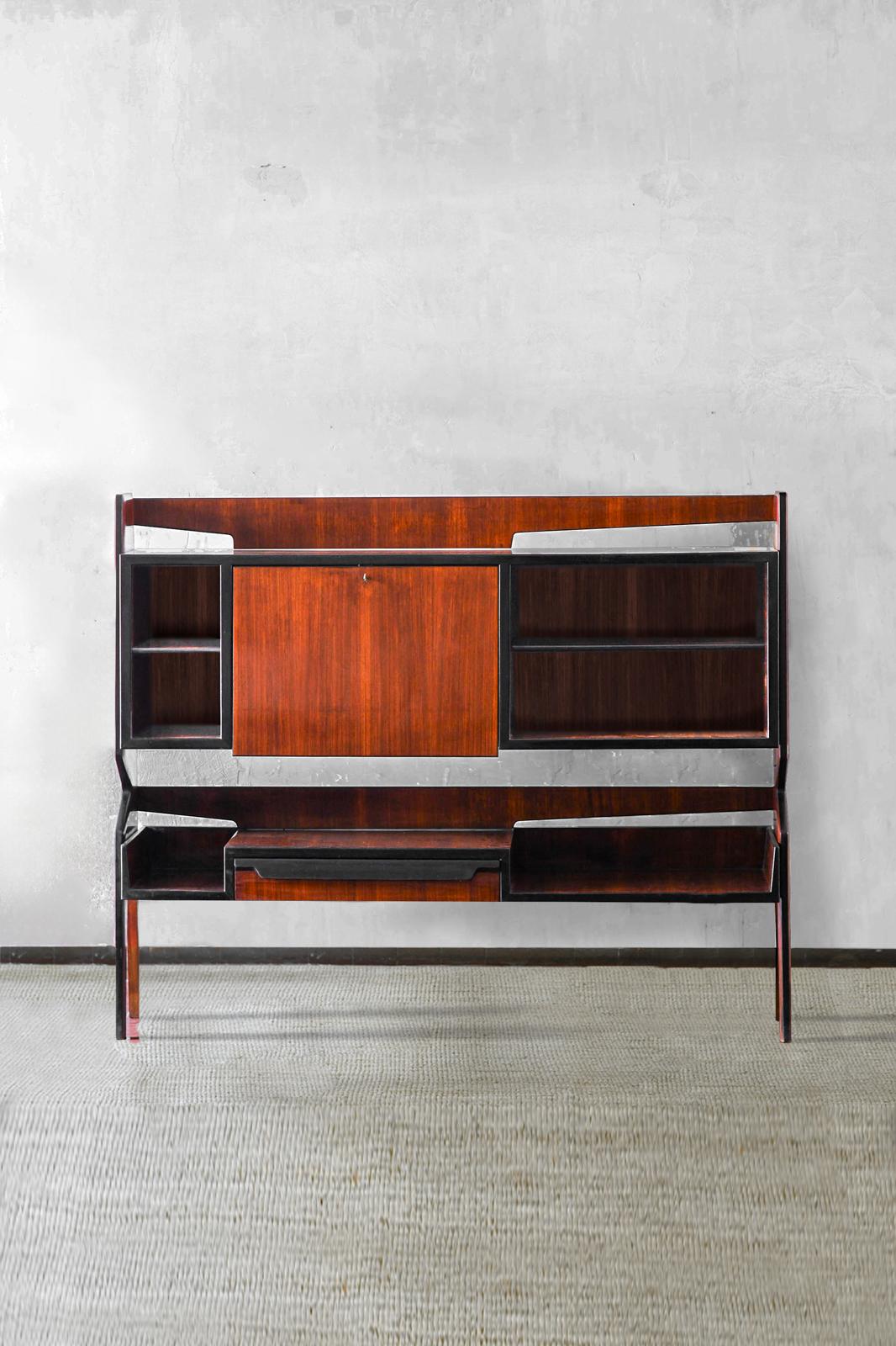 1960s Wooden Sideboard with Shelves, Front Drawer, Drop-Front Panel, and Internal Mirror
Product Details
Dimensions: 185 W x 140 H × 40 D cm