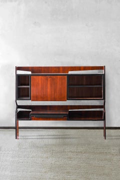 1960s Wooden Sideboard with Shelves, Front Drawer, Drop-Front Panel, and mirror