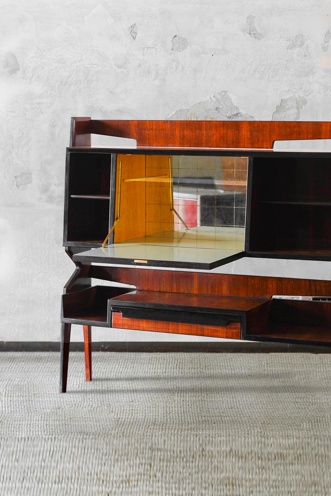 1960s Wooden Sideboard with Shelves, Front Drawer, Drop-Front Panel, and mirror In Good Condition For Sale In Roma, RM