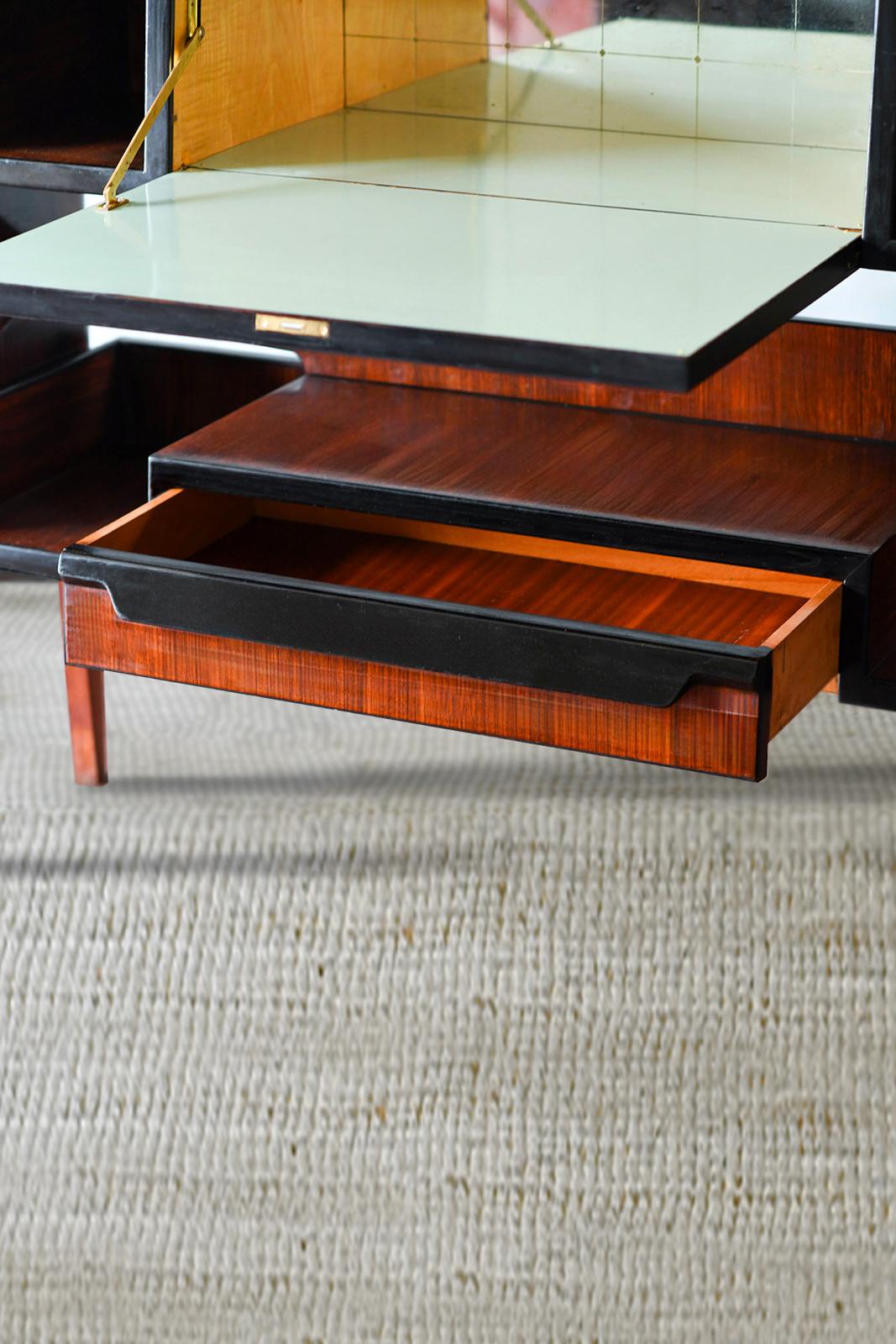 Glass 1960s Wooden Sideboard with Shelves, Front Drawer, Drop-Front Panel, and mirror For Sale