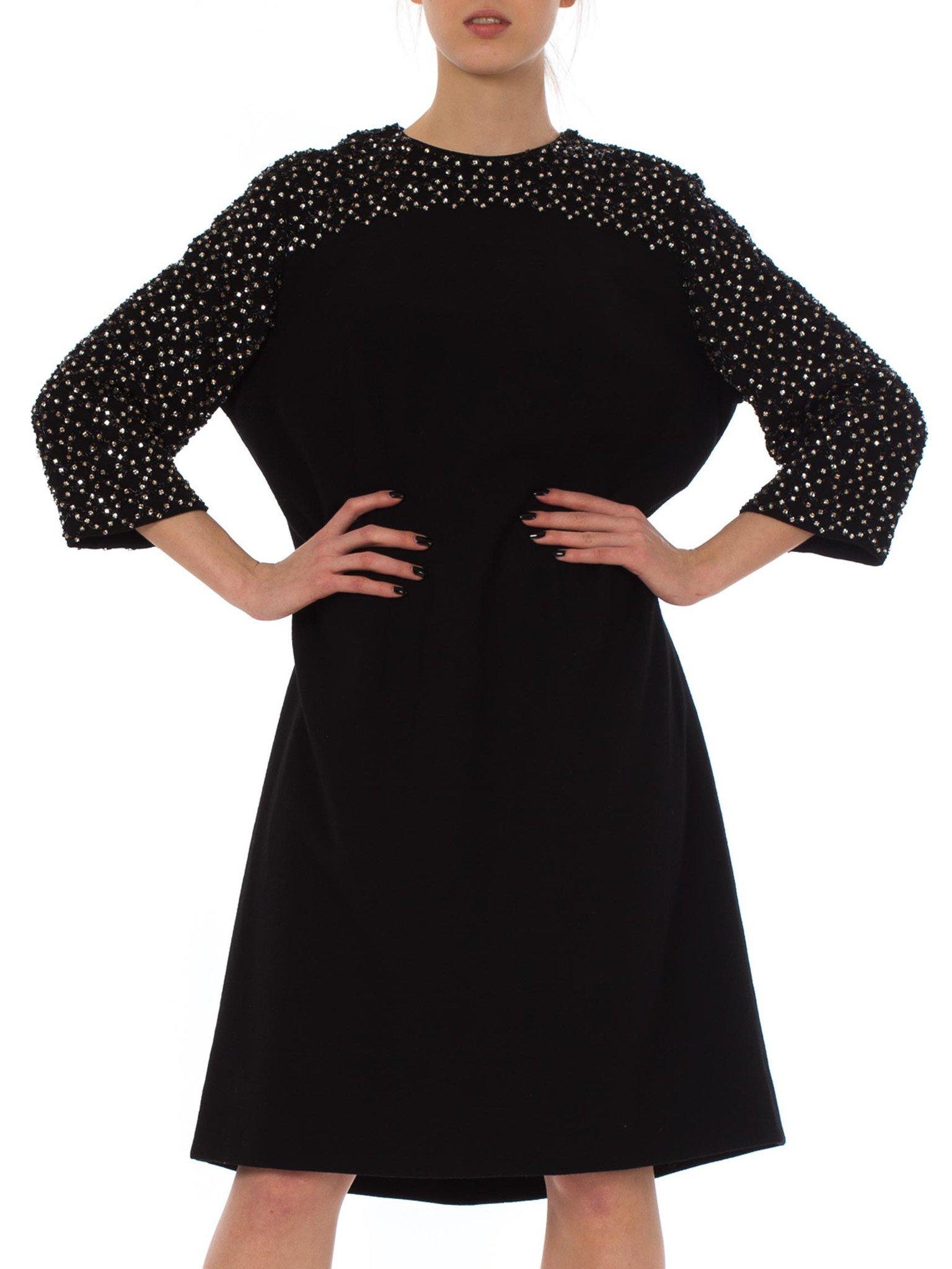 1960S Black Wool Knit Crystal Beaded Sleeve Mod Cocktail Dress XL In Excellent Condition For Sale In New York, NY