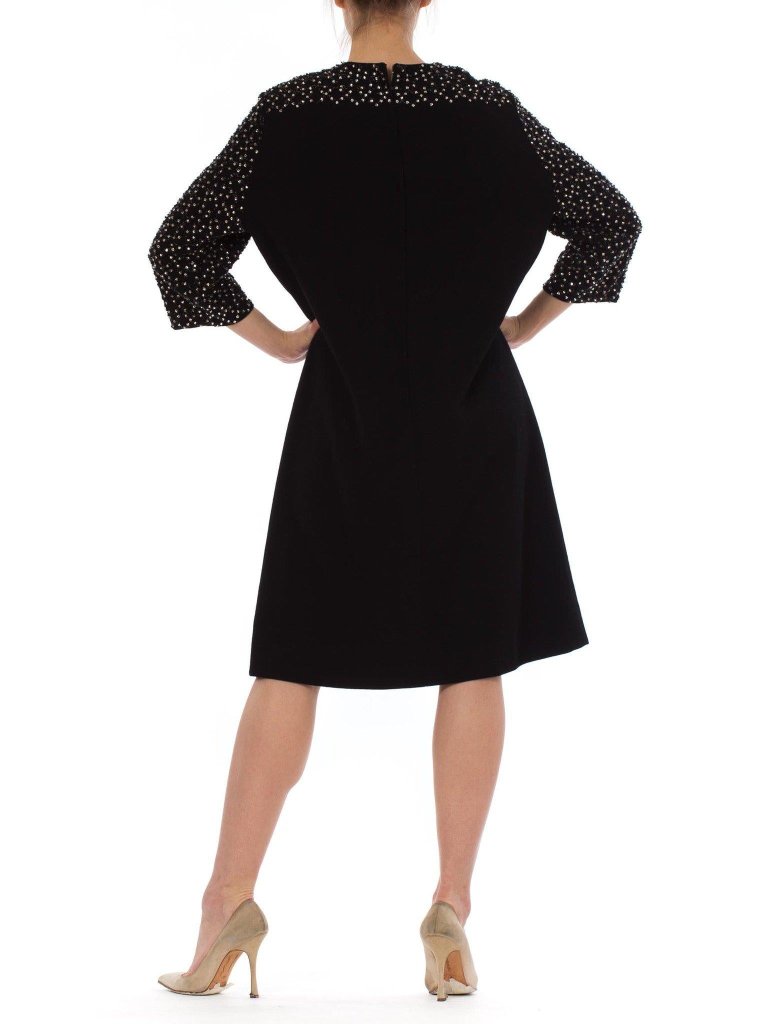 1960S Black Wool Knit Crystal Beaded Sleeve Mod Cocktail Dress XL For Sale 1