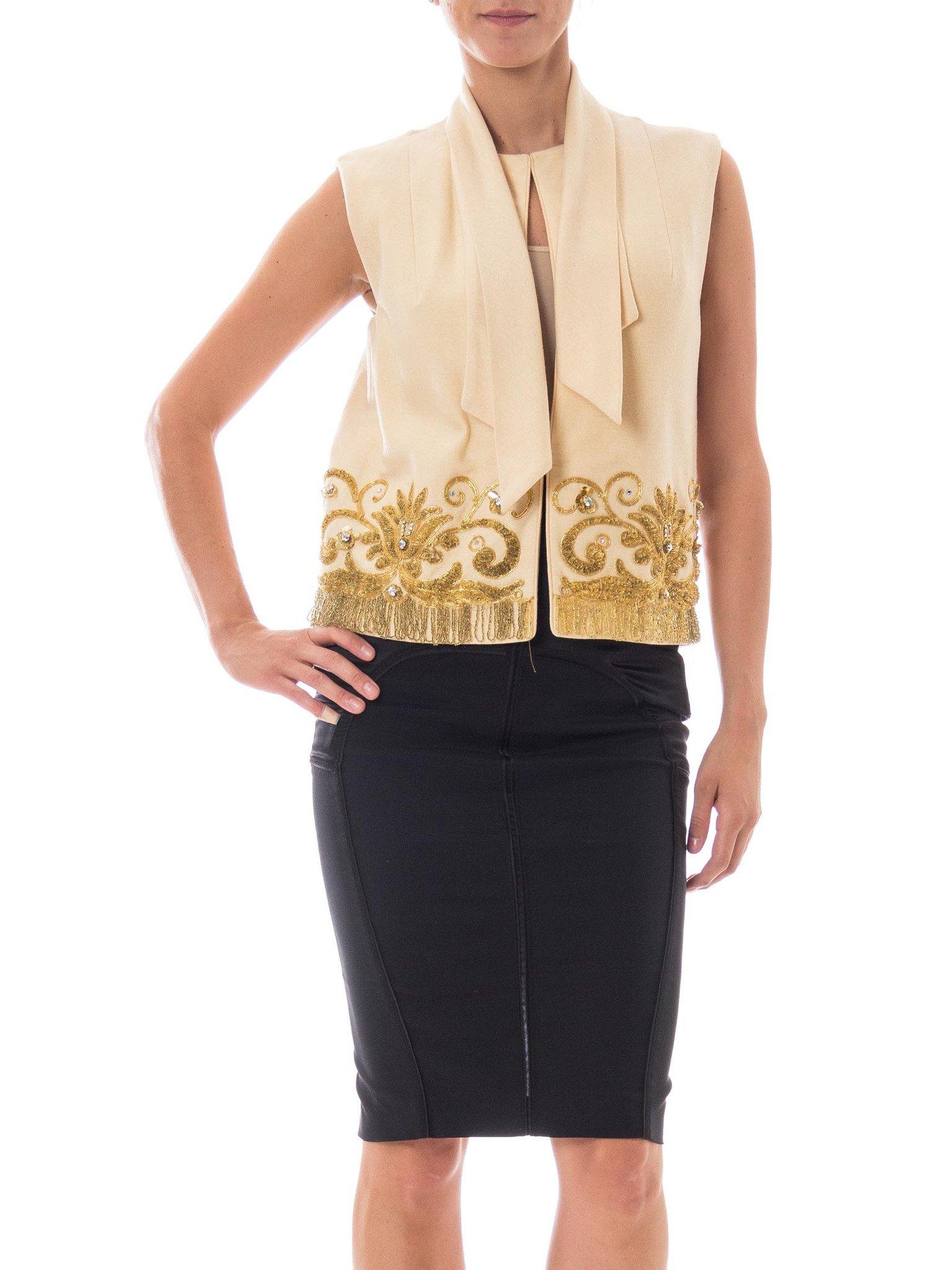 Fully lined in rayon 1960S MR BLACKWELL Cream Wool Vest With Baroque Gold Beaded Border 