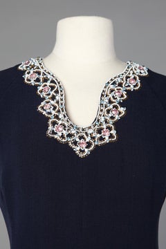 1960's wool crêpe navy dress with embroideries
