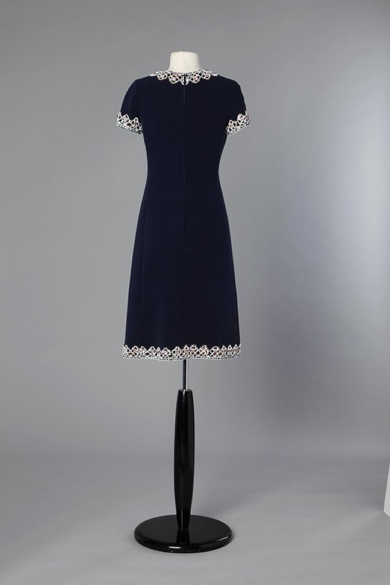 Women's 1960's wool crêpe navy dress with embroideries  For Sale