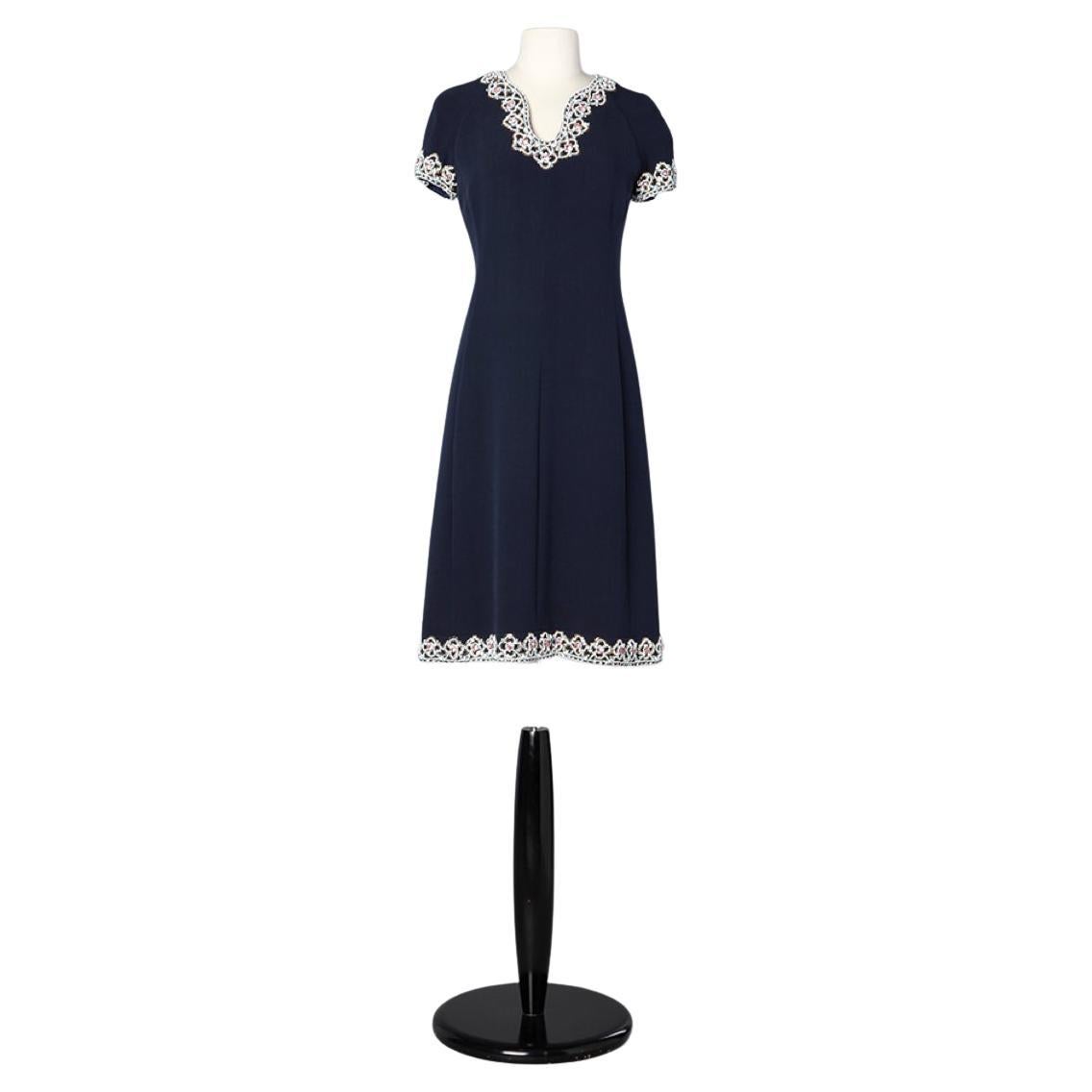 1960's wool crêpe navy dress with embroideries  For Sale
