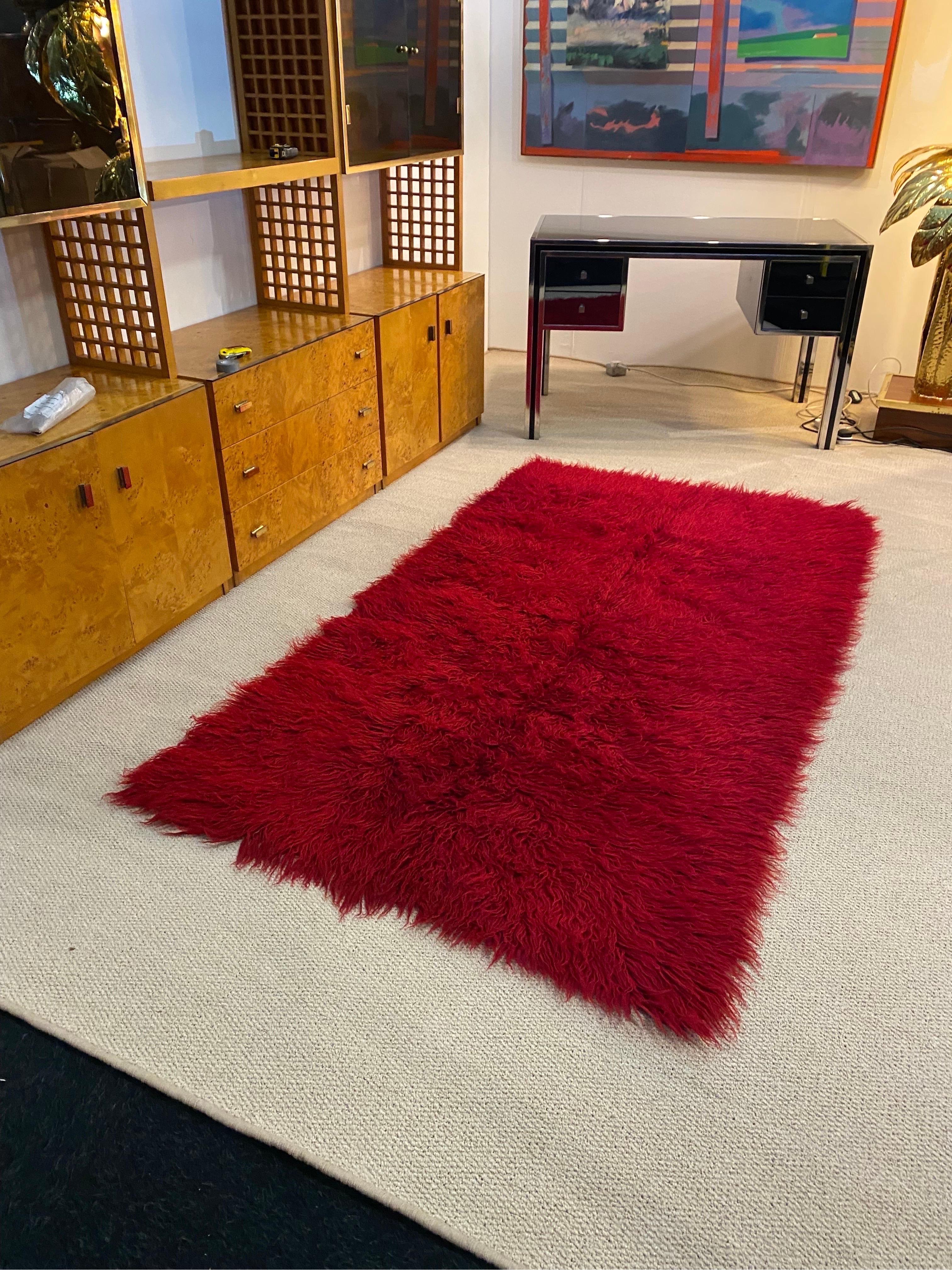 Mid-Century Modern 1960s Wool Handwoven Red Rug Vintage Retro Folk Art Carpet Throw  For Sale