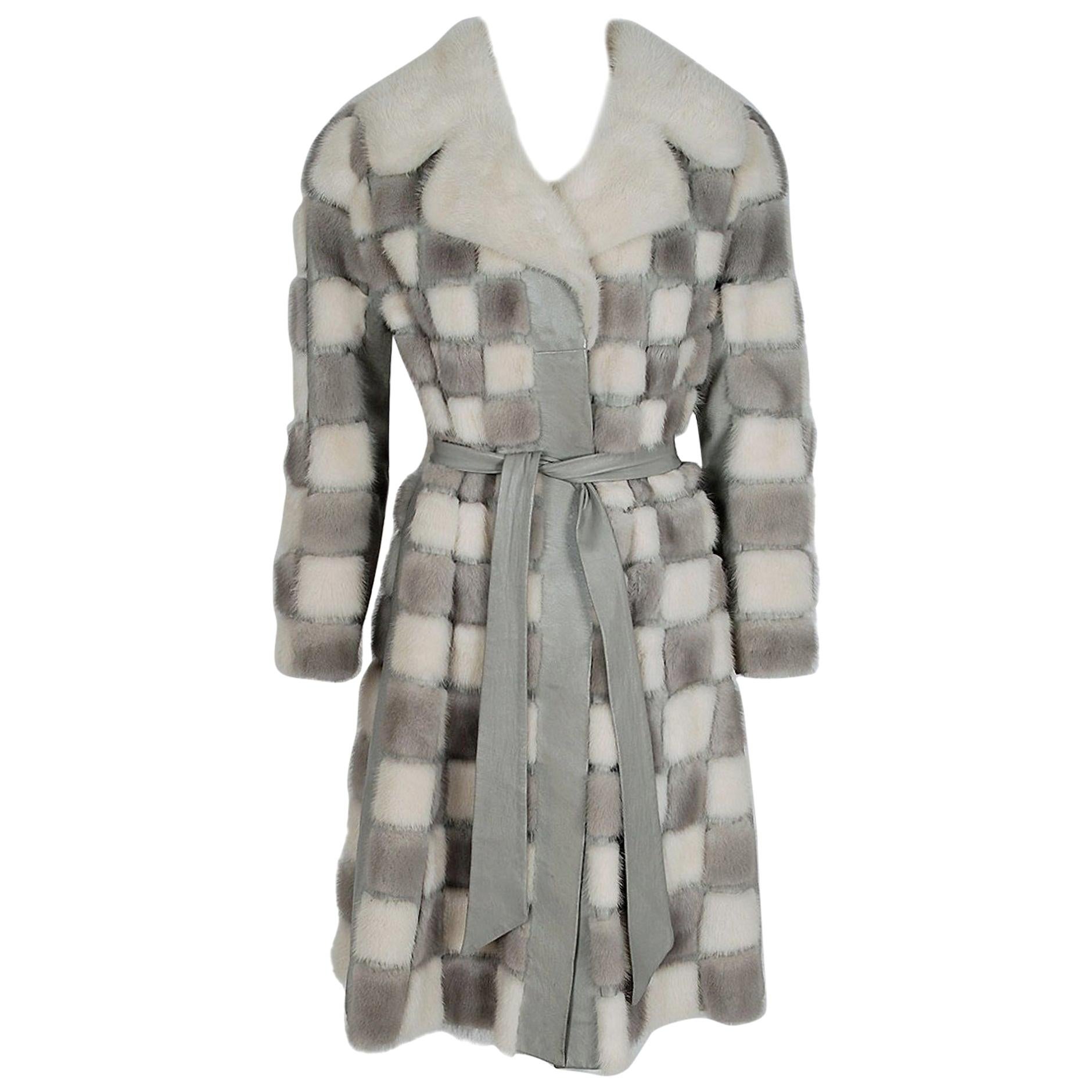 1960's Woolf Brothers Checkered Patchwork Mink-Fur Leather Belted Trench Coat