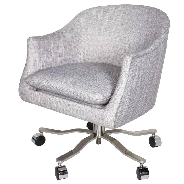 Mid-Century Modern desk chair with barrel back form. Elegant seamless shape that can swivel 360° and the height of the seat can be adjusted via the corkscrew centre rod. Upholstered in an elegant light grey woven fabric, with removable seat cushion.