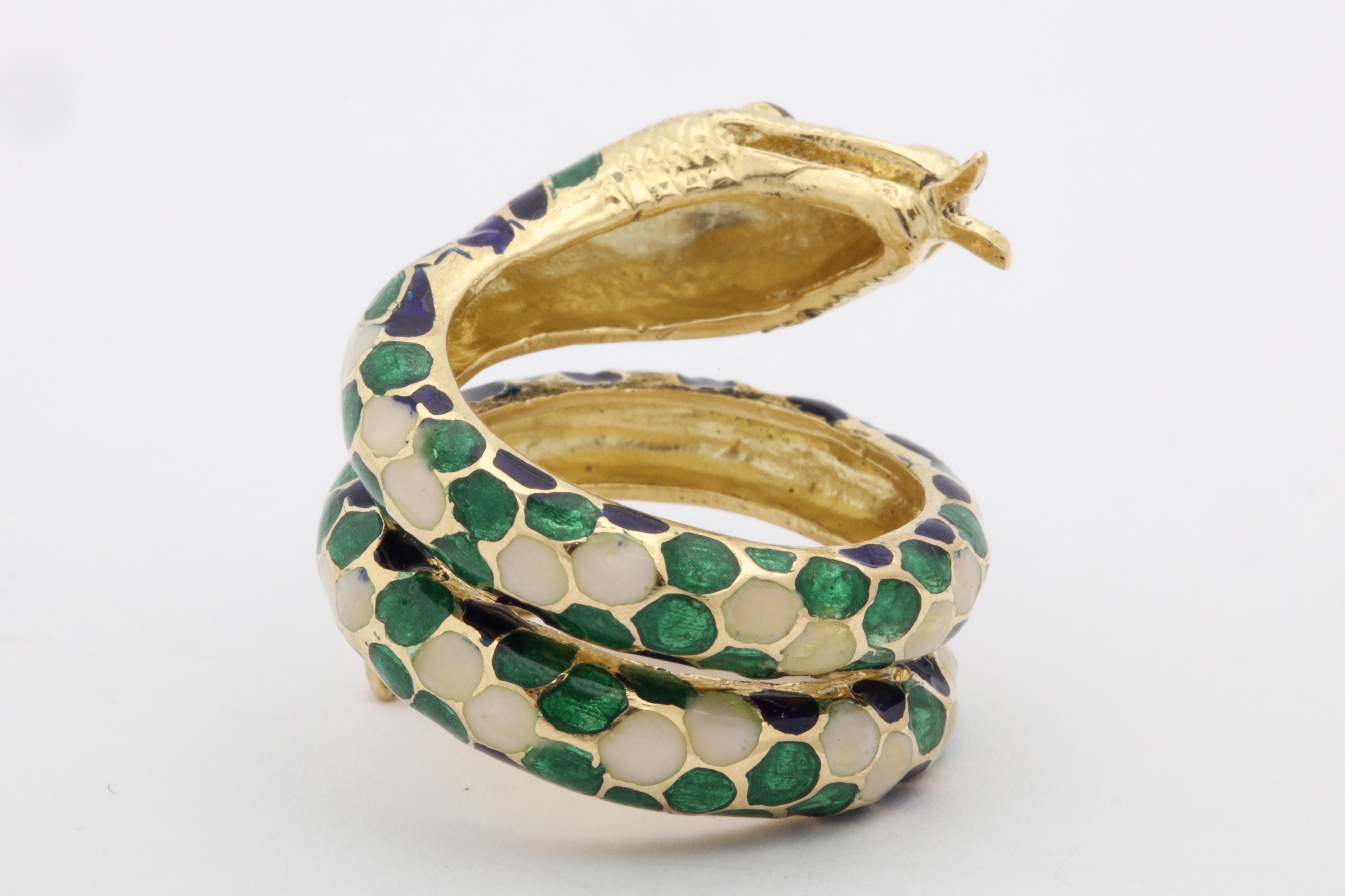 1960s Wrap Around Coiled Blue, White, Green Enamel Gold Figural Snake Ring 6