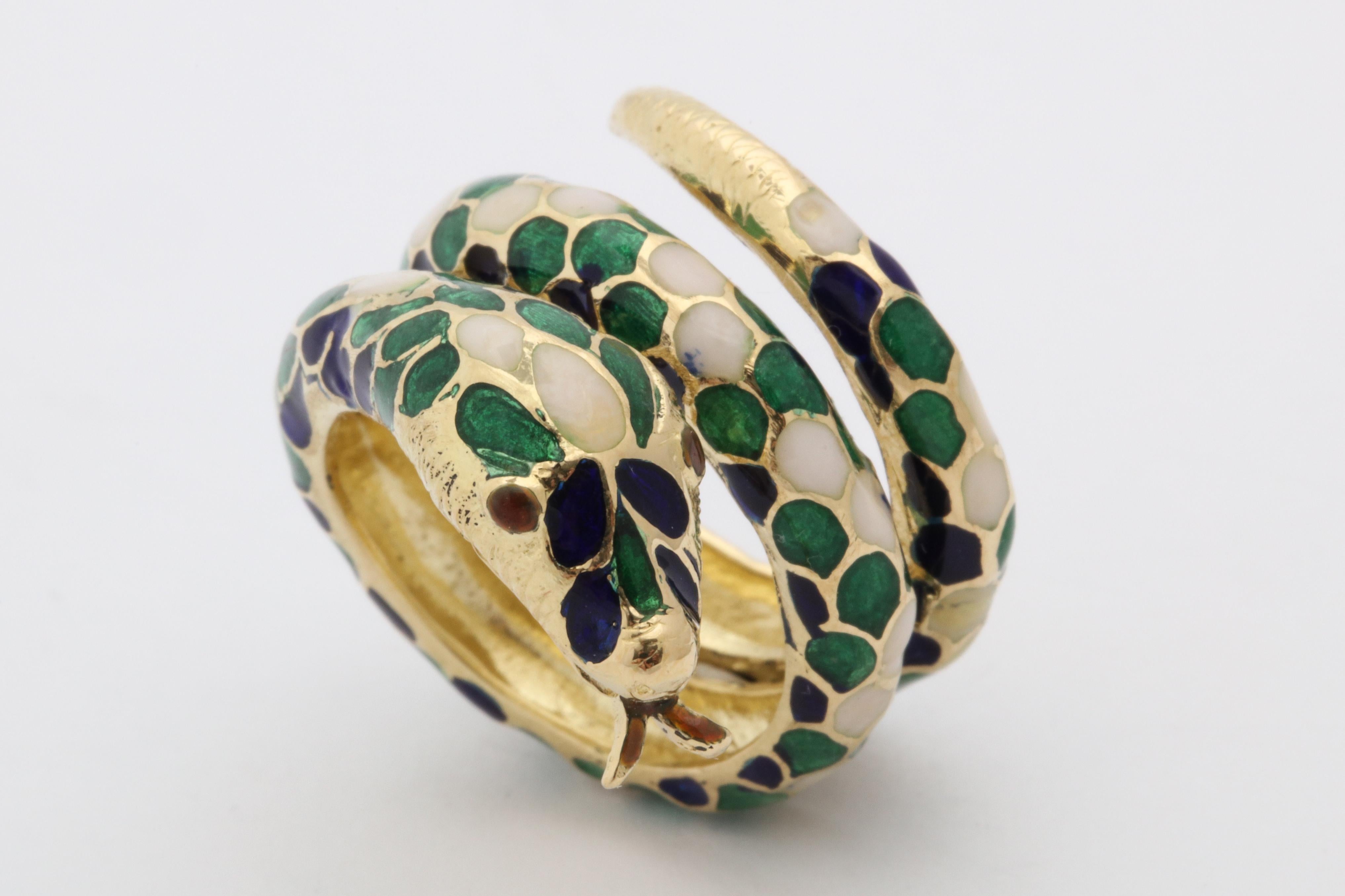 1960s Wrap Around Coiled Blue, White, Green Enamel Gold Figural Snake Ring 7