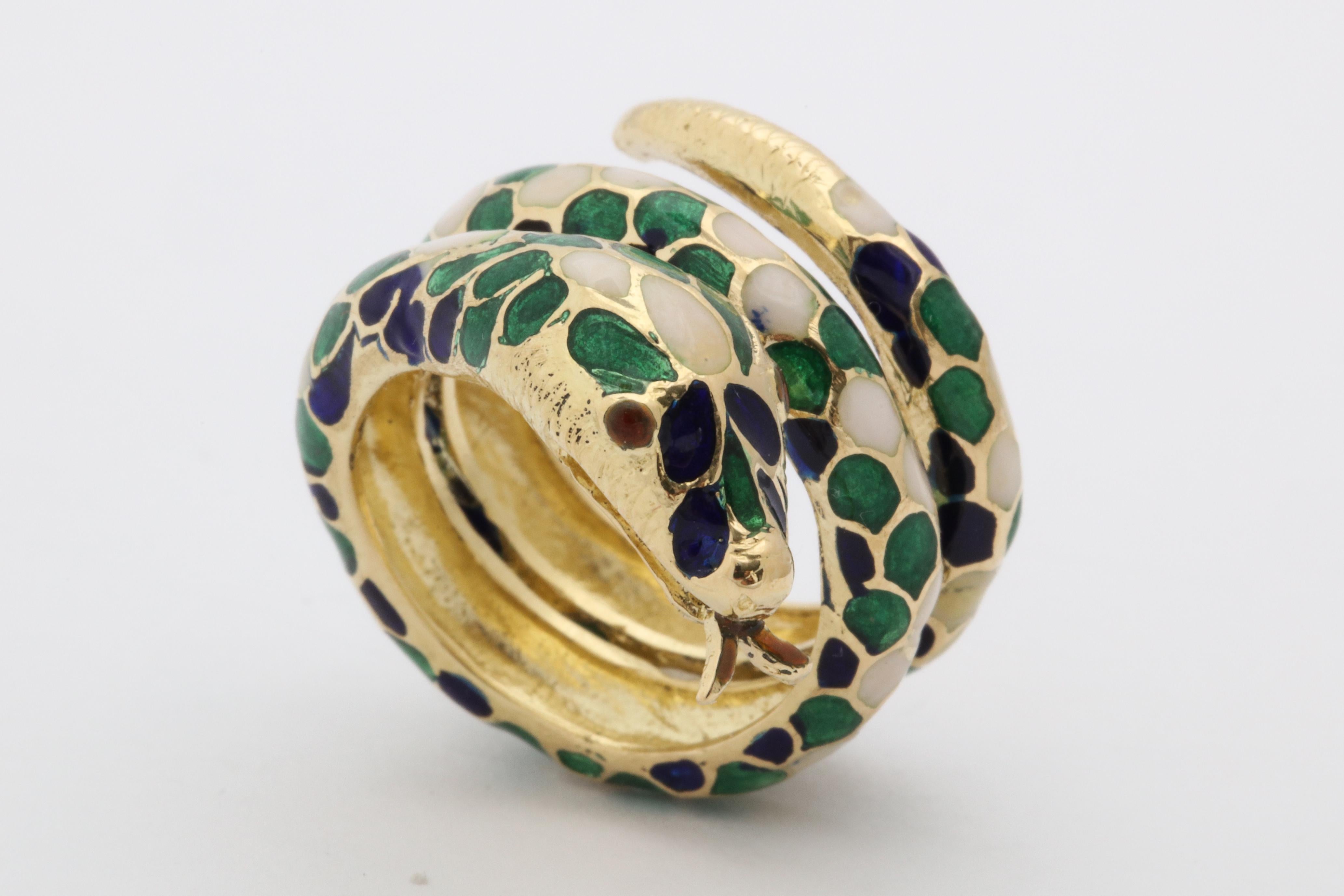 1960s Wrap Around Coiled Blue, White, Green Enamel Gold Figural Snake Ring 8
