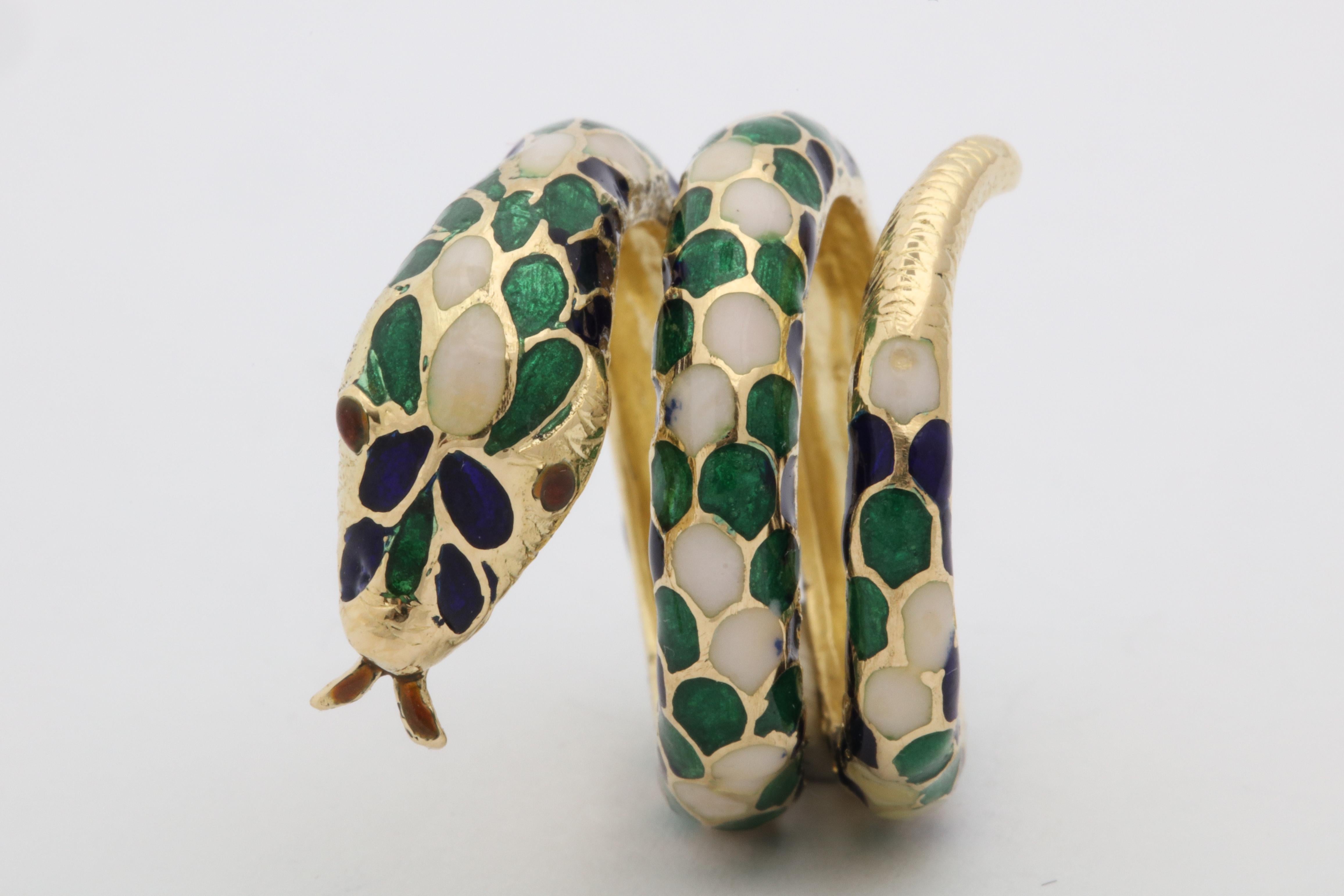 1960s Wrap Around Coiled Blue, White, Green Enamel Gold Figural Snake Ring 9