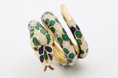 1960s Wrap Around Coiled Blue, White, Green Enamel Gold Figural Snake Ring