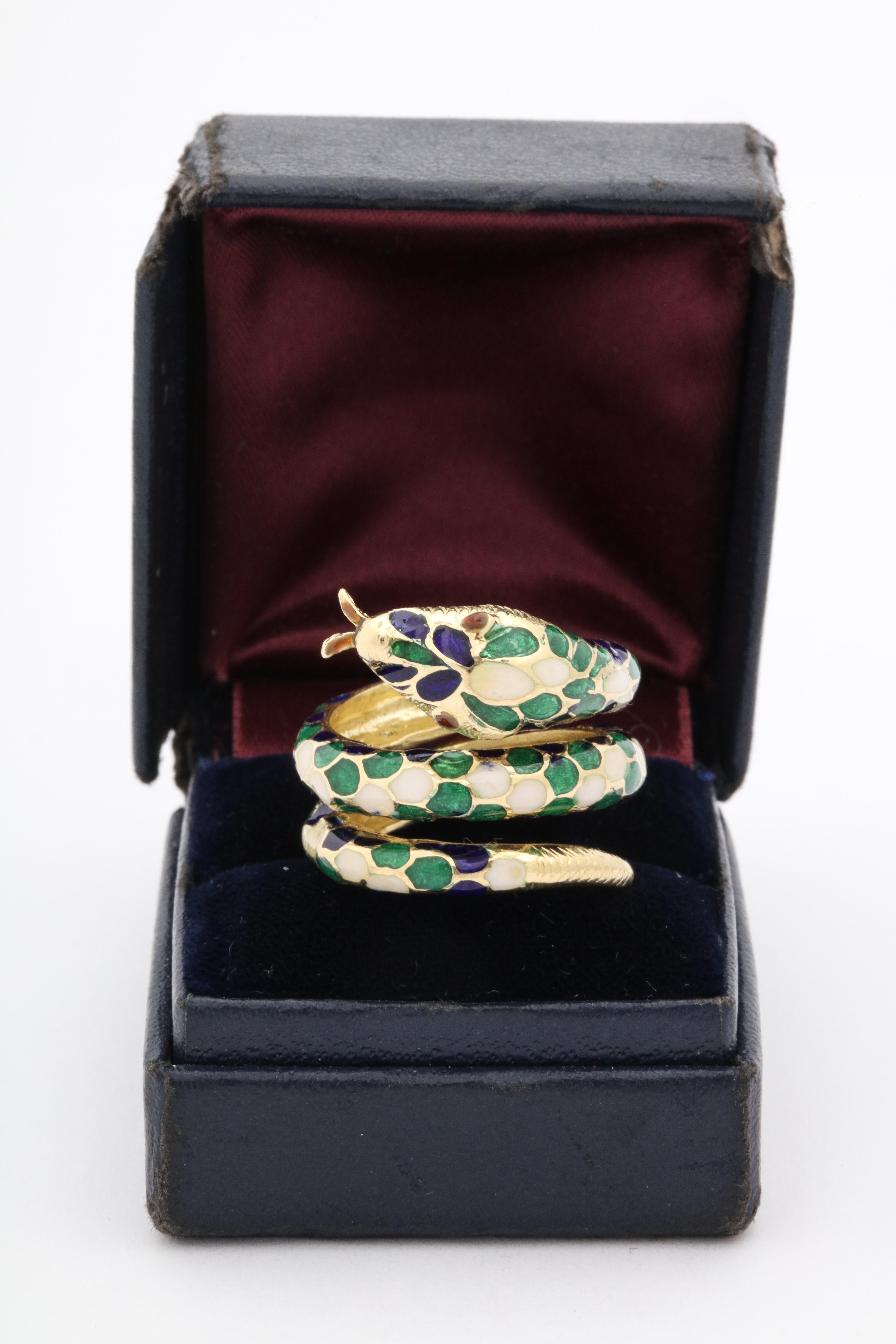 1960s Wrap Around Coiled Blue, White, Green Enamel Gold Figural Snake Ring In Good Condition In New York, NY