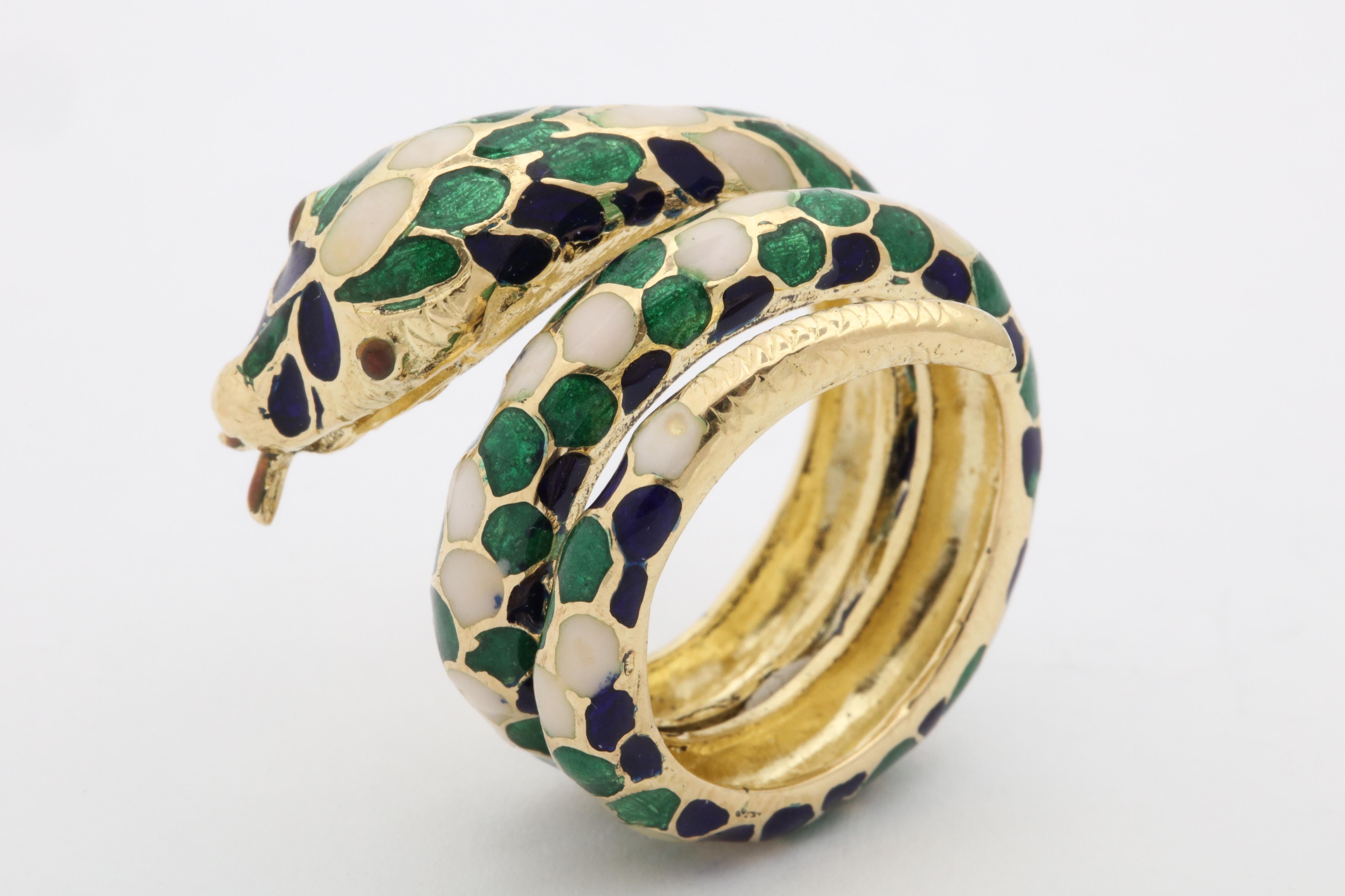 Women's or Men's 1960s Wrap Around Coiled Blue, White, Green Enamel Gold Figural Snake Ring