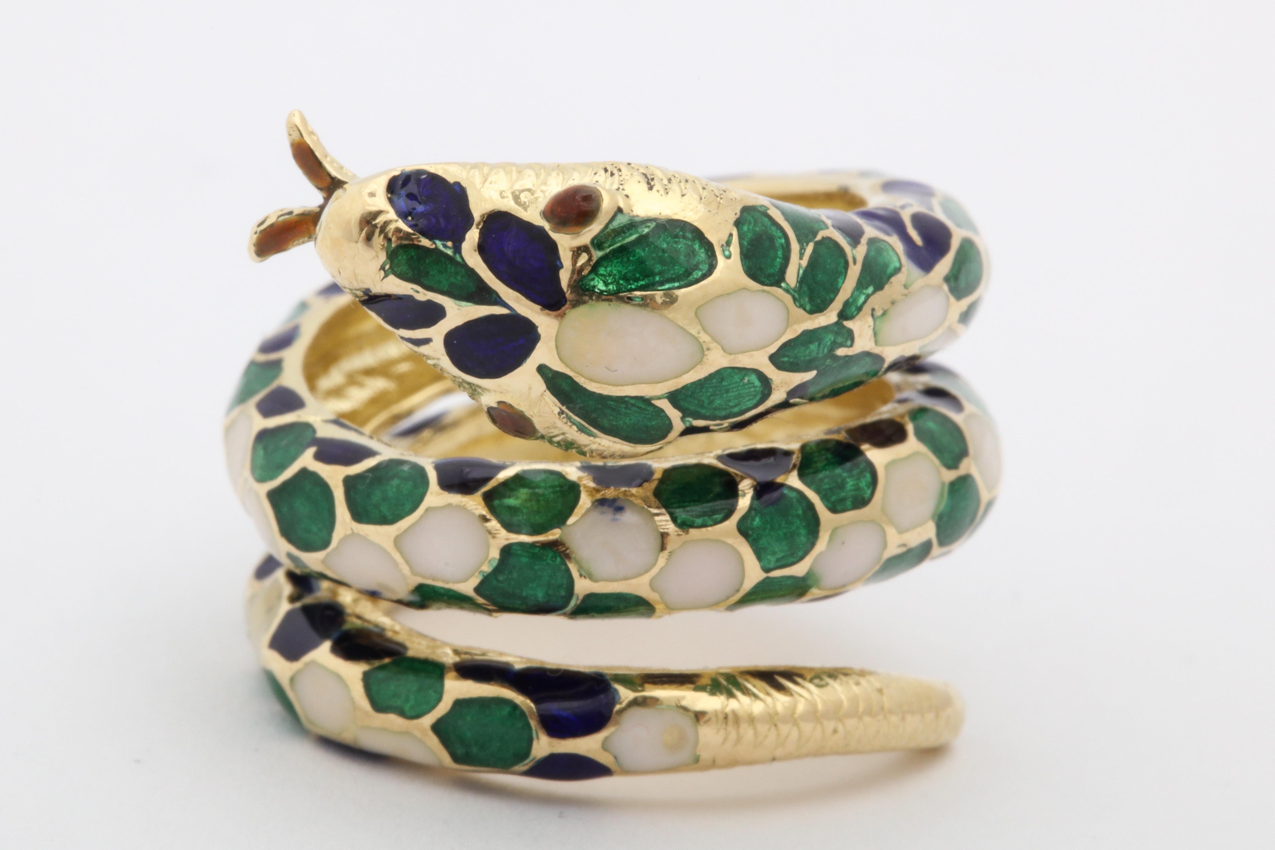 1960s Wrap Around Coiled Blue, White, Green Enamel Gold Figural Snake Ring 1