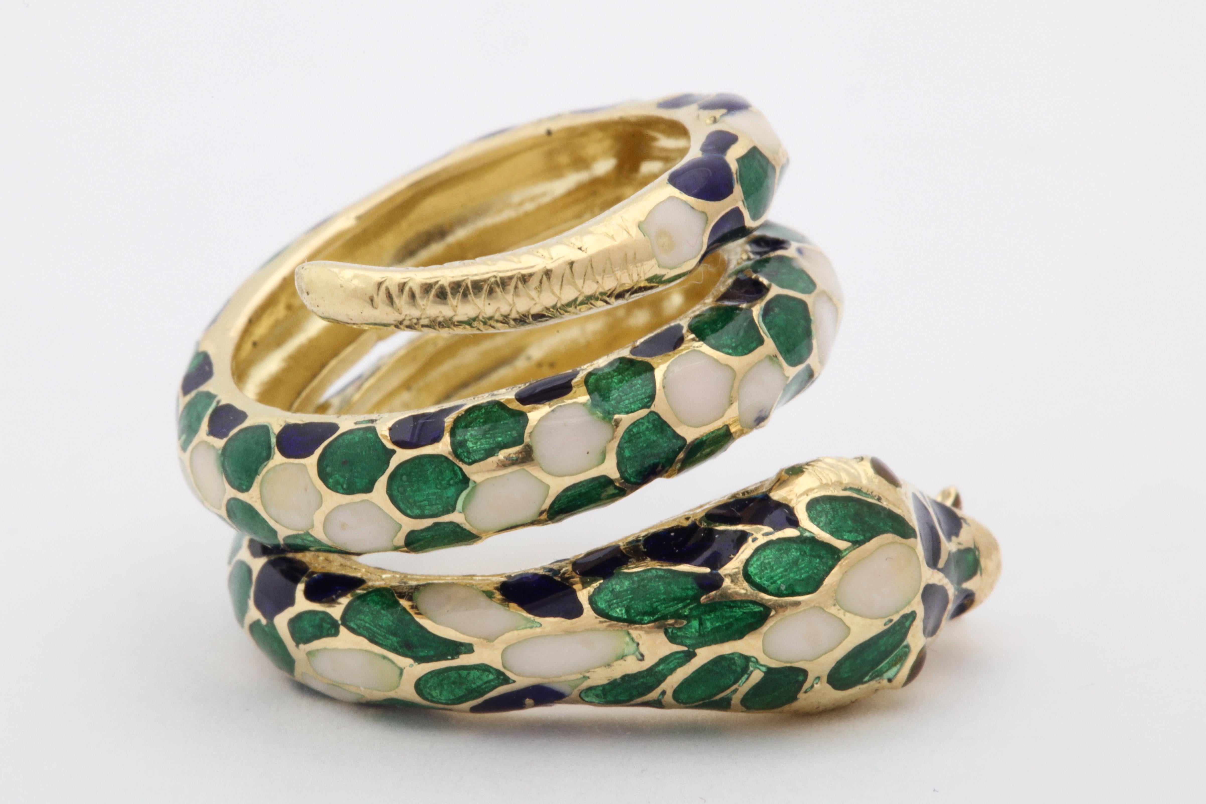 1960s Wrap Around Coiled Blue, White, Green Enamel Gold Figural Snake Ring 2