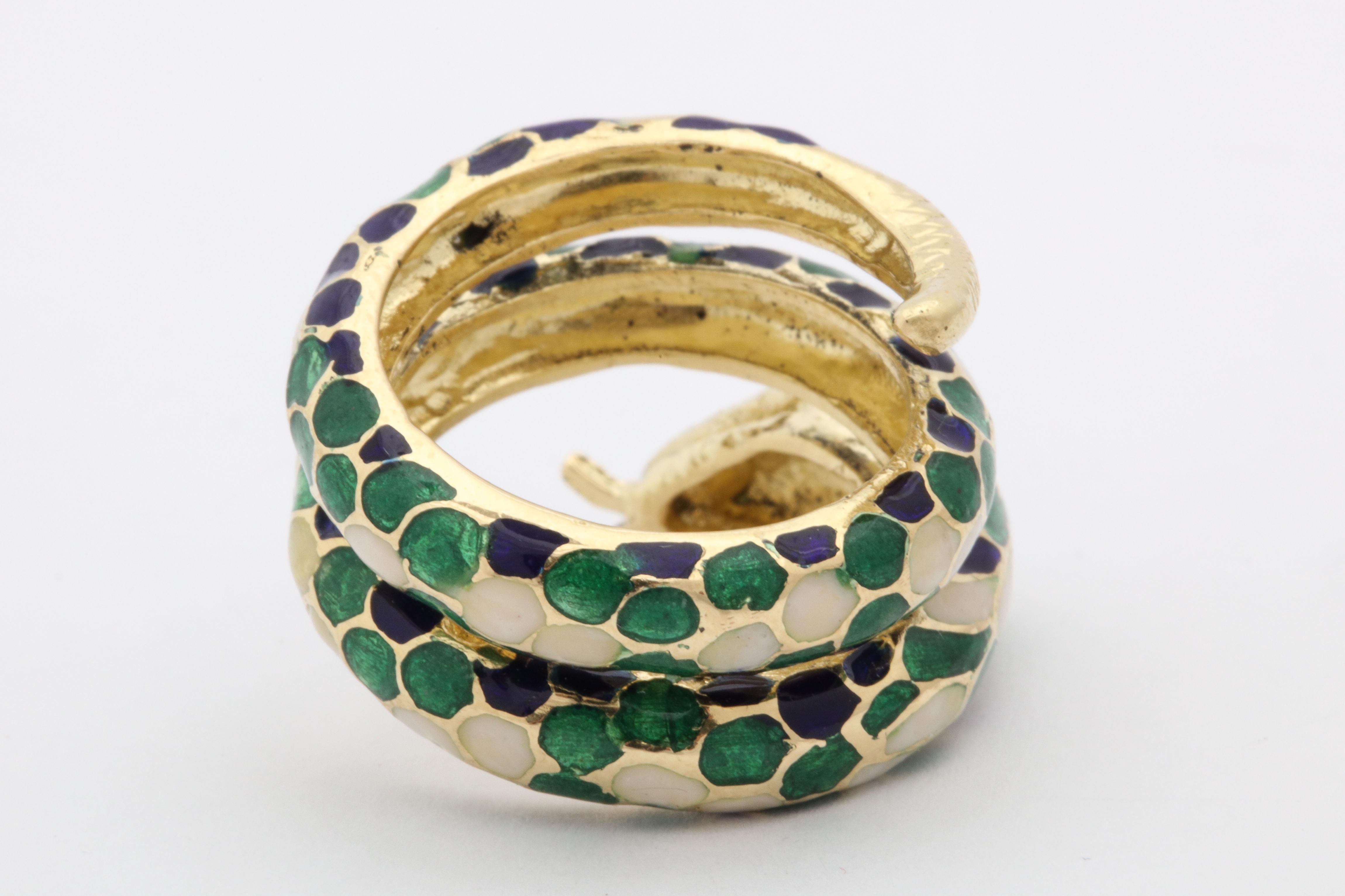 1960s Wrap Around Coiled Blue, White, Green Enamel Gold Figural Snake Ring 3
