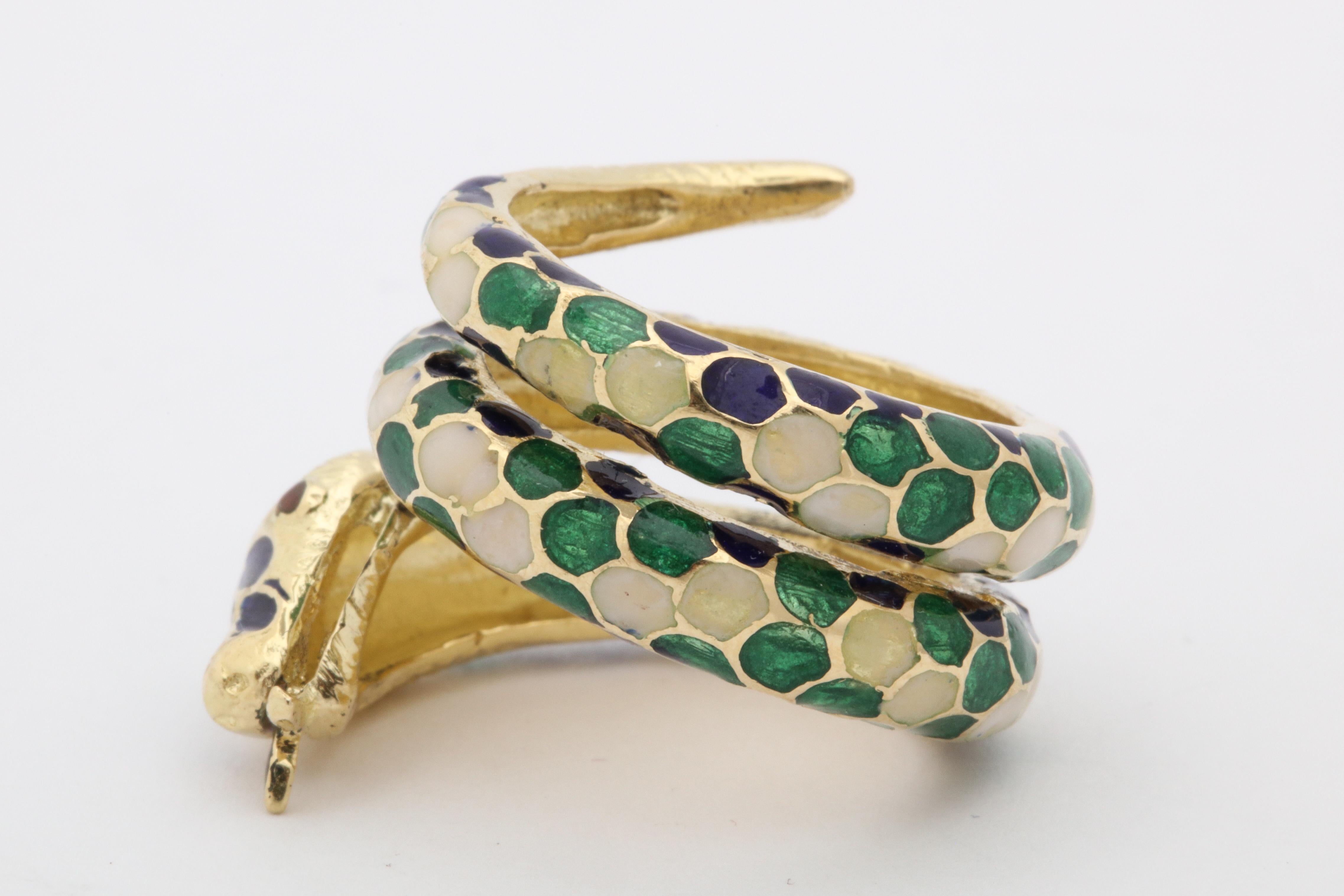 1960s Wrap Around Coiled Blue, White, Green Enamel Gold Figural Snake Ring 4