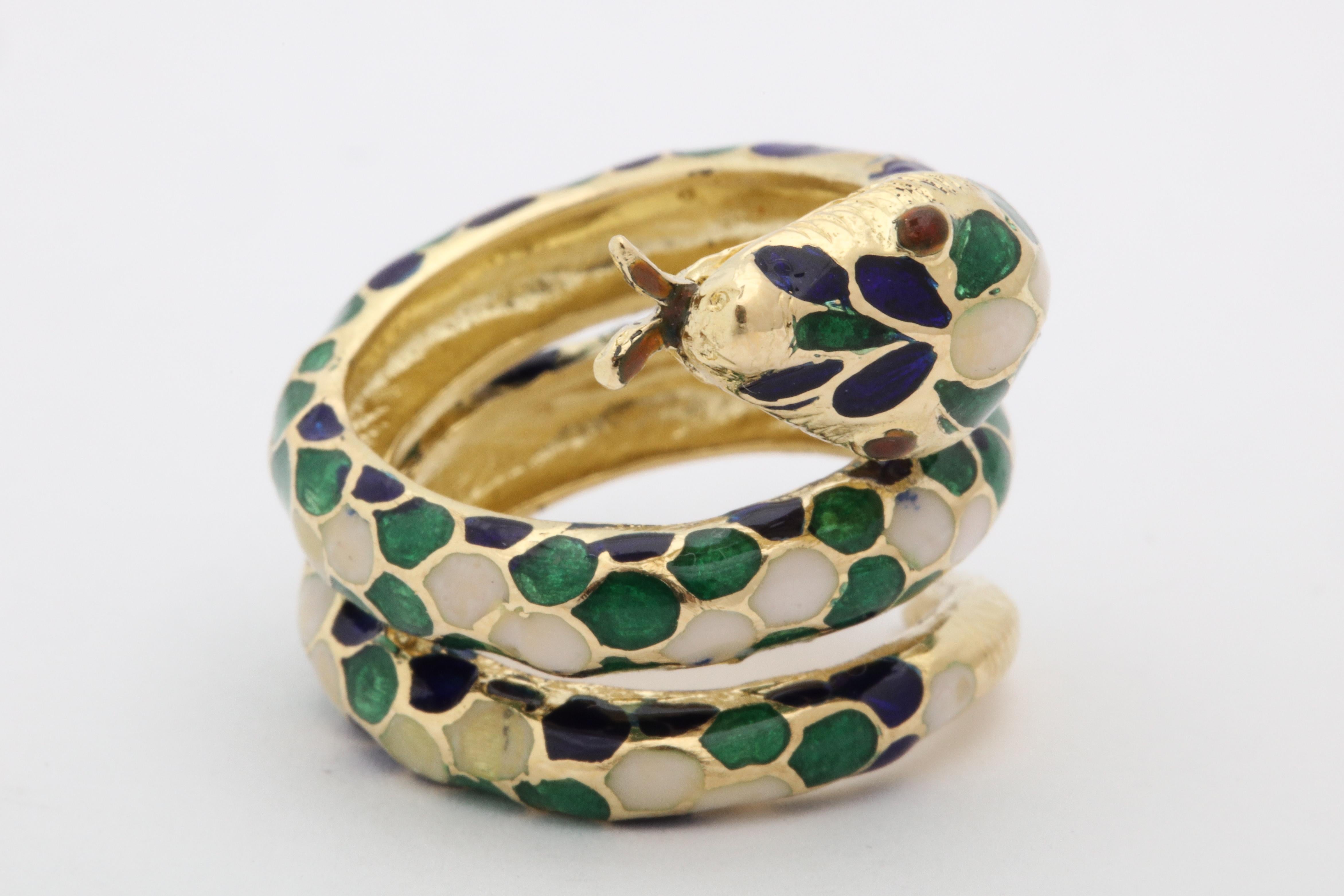 1960s Wrap Around Coiled Blue, White, Green Enamel Gold Figural Snake Ring 5