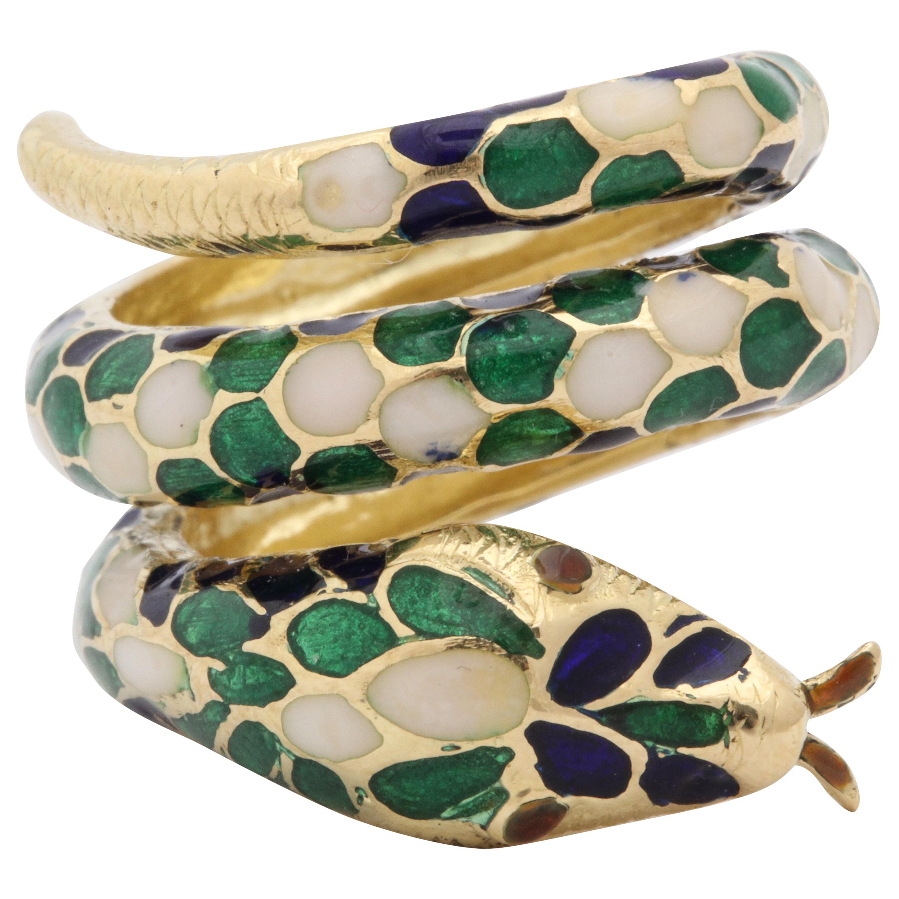 1960s Wrap Around Coiled Blue, White, Green Enamel Gold Figural Snake Ring
