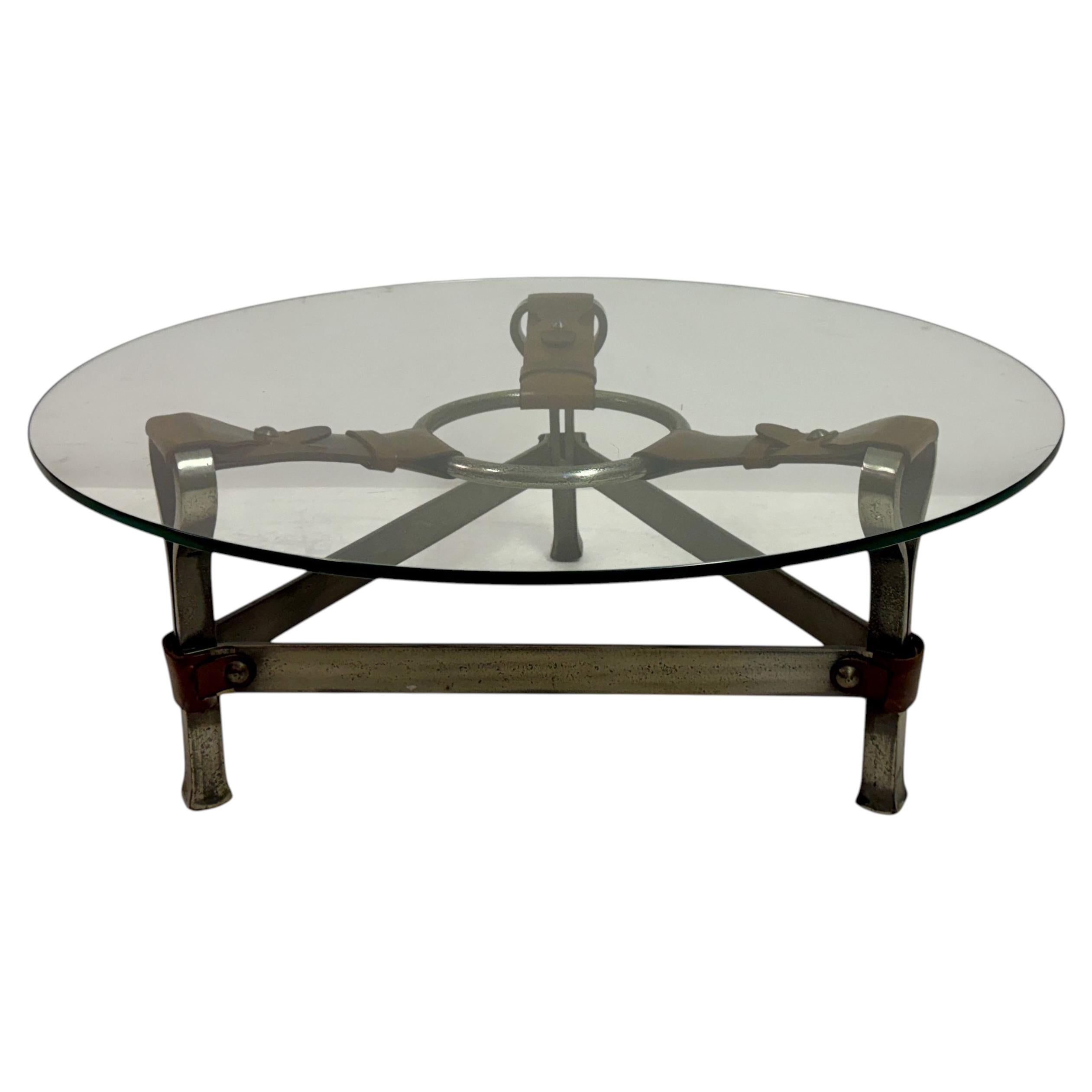 1960s Wrought Iron and Leather Coffee Table by Jean-Pierre Ryckaert For Sale