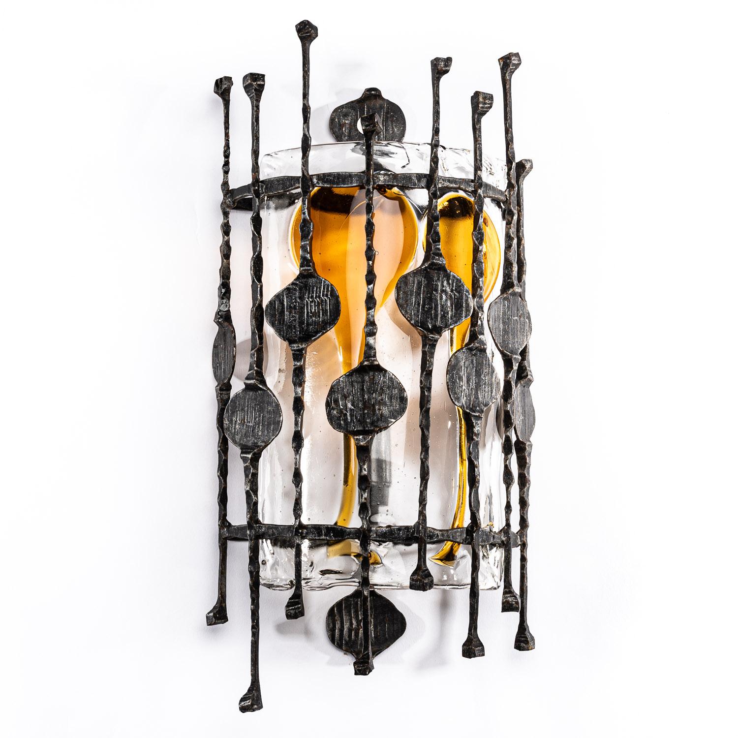 1960s Wrought Iron & Glass Brutalist Scones For Sale 4
