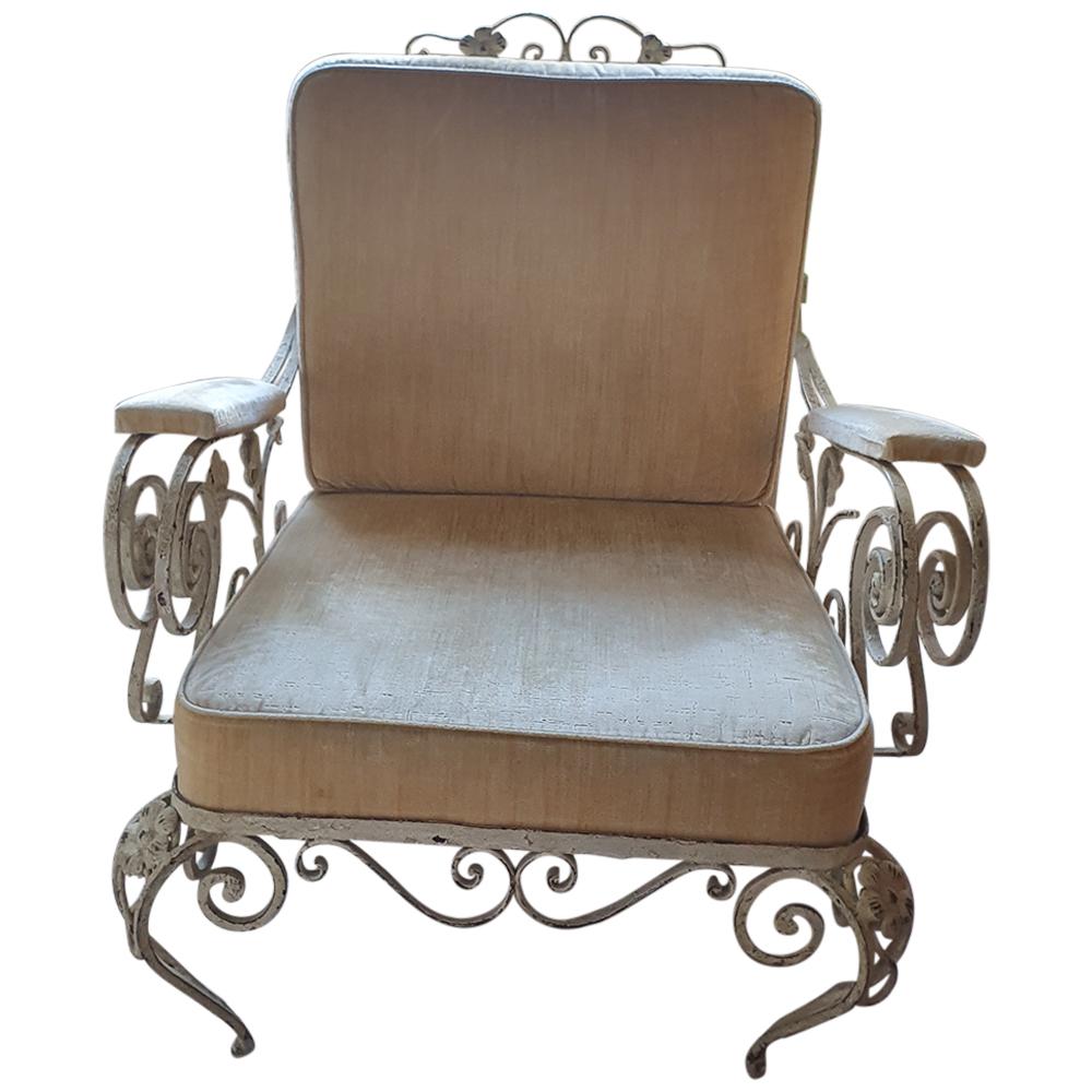 1960s Wrought Iron Orangery Lounge Chair with Salamandre Antique Silk Velvet For Sale 3