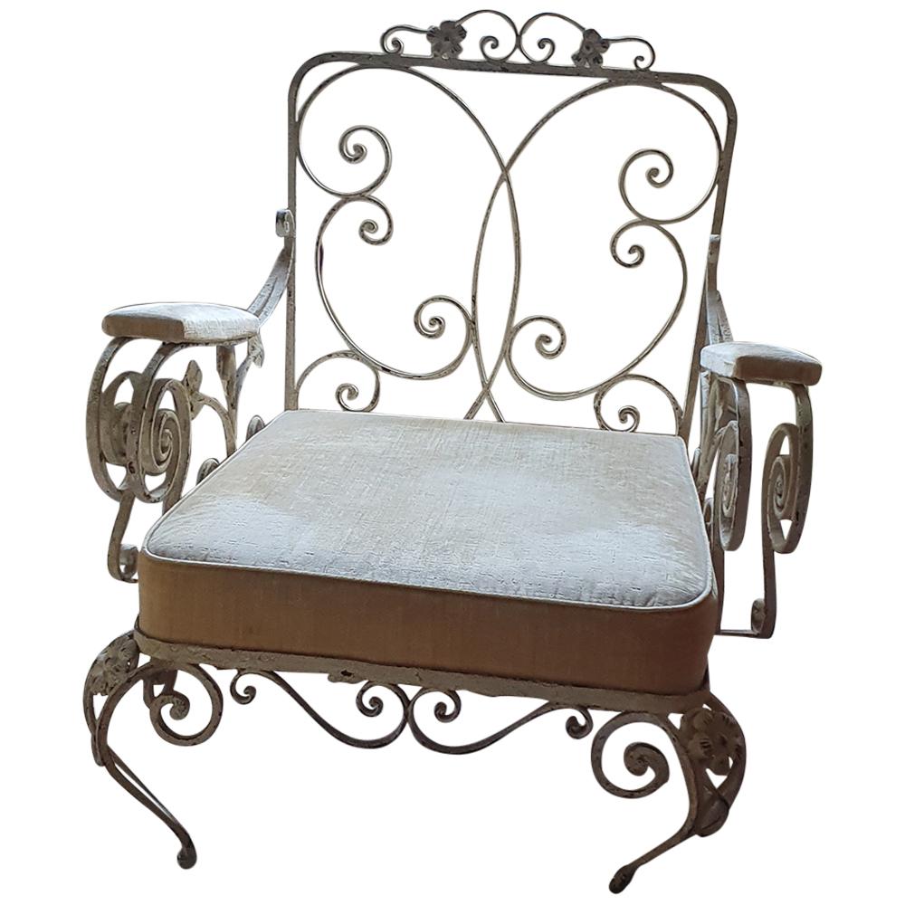 Italian 1960s Wrought Iron Orangery Lounge Chair with Salamandre Antique Silk Velvet For Sale