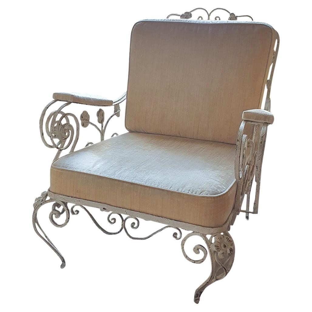 1960s Wrought Iron Orangery Lounge Chair with Salamandre Antique Silk Velvet For Sale