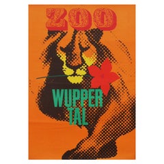 1960s Wuppertal Zoo Germany Travel Poster Lion Illustration Art