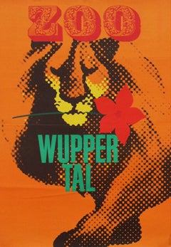 1960s Wuppertal Zoo Travel Poster Lion Illustration Germany Art