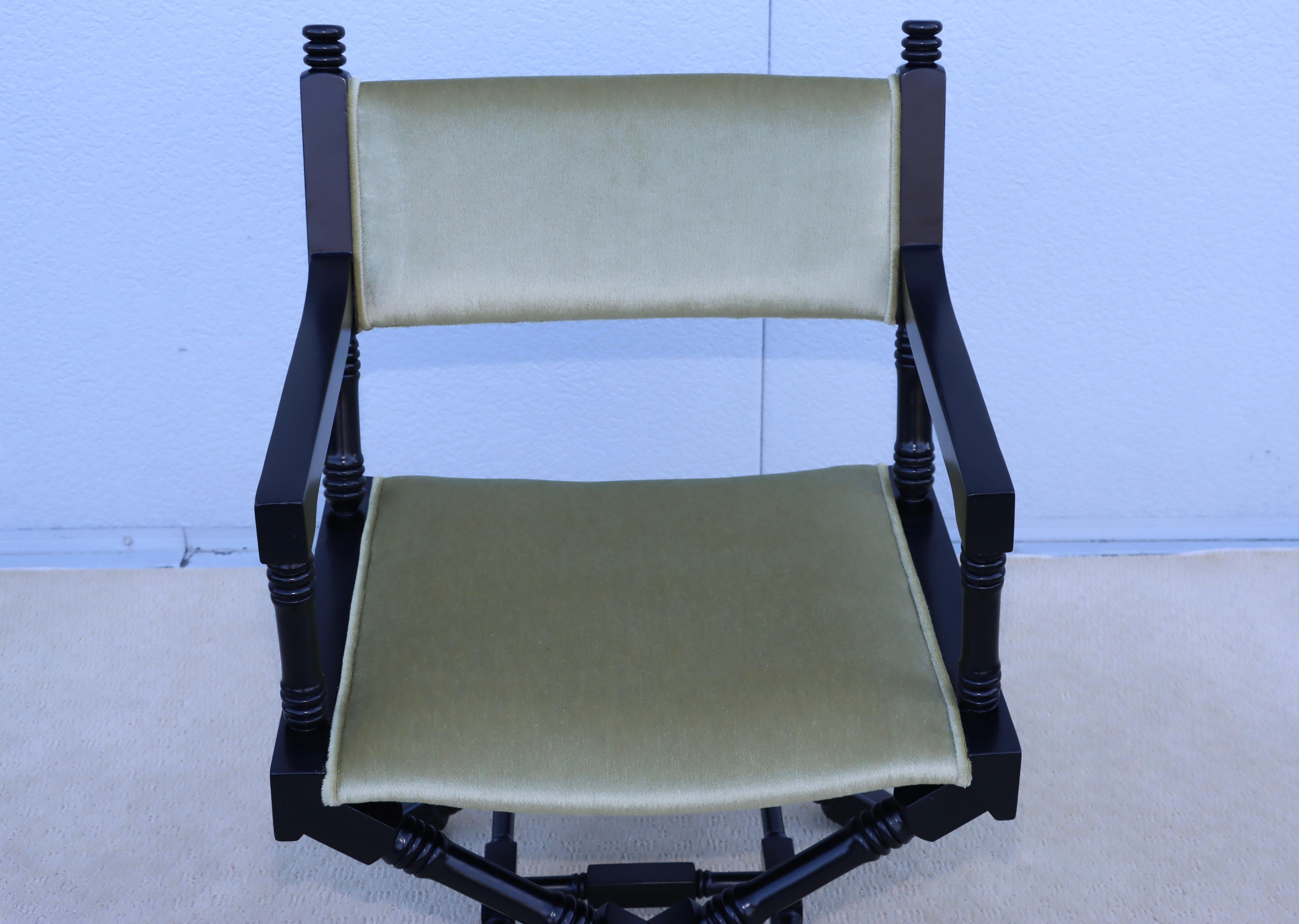 1960's X Base Black Lacquer Director Chairs With Mohair Upholstery. For Sale 4