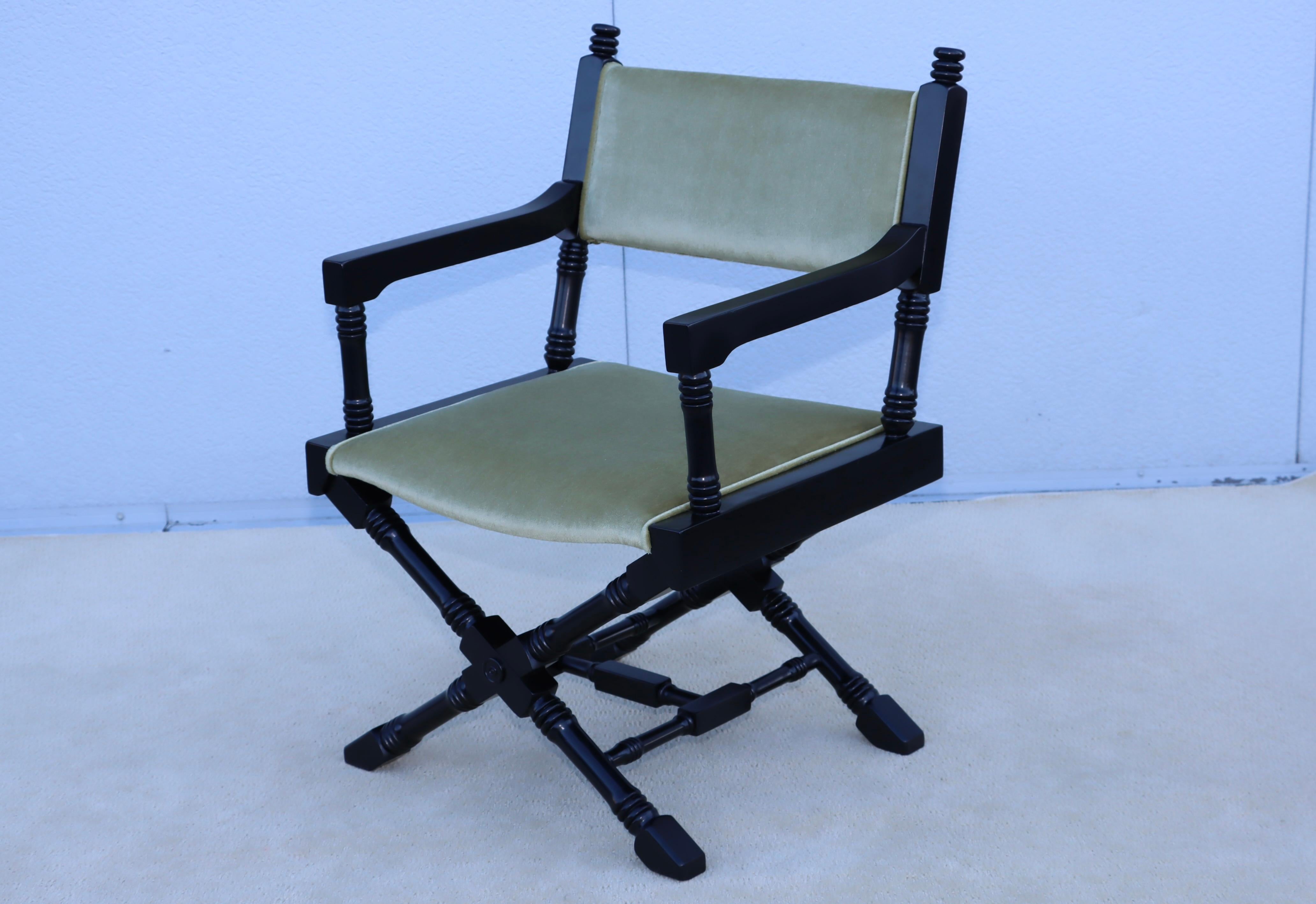 1960's X Base Black Lacquer Director Chairs With Mohair Upholstery. For Sale 5