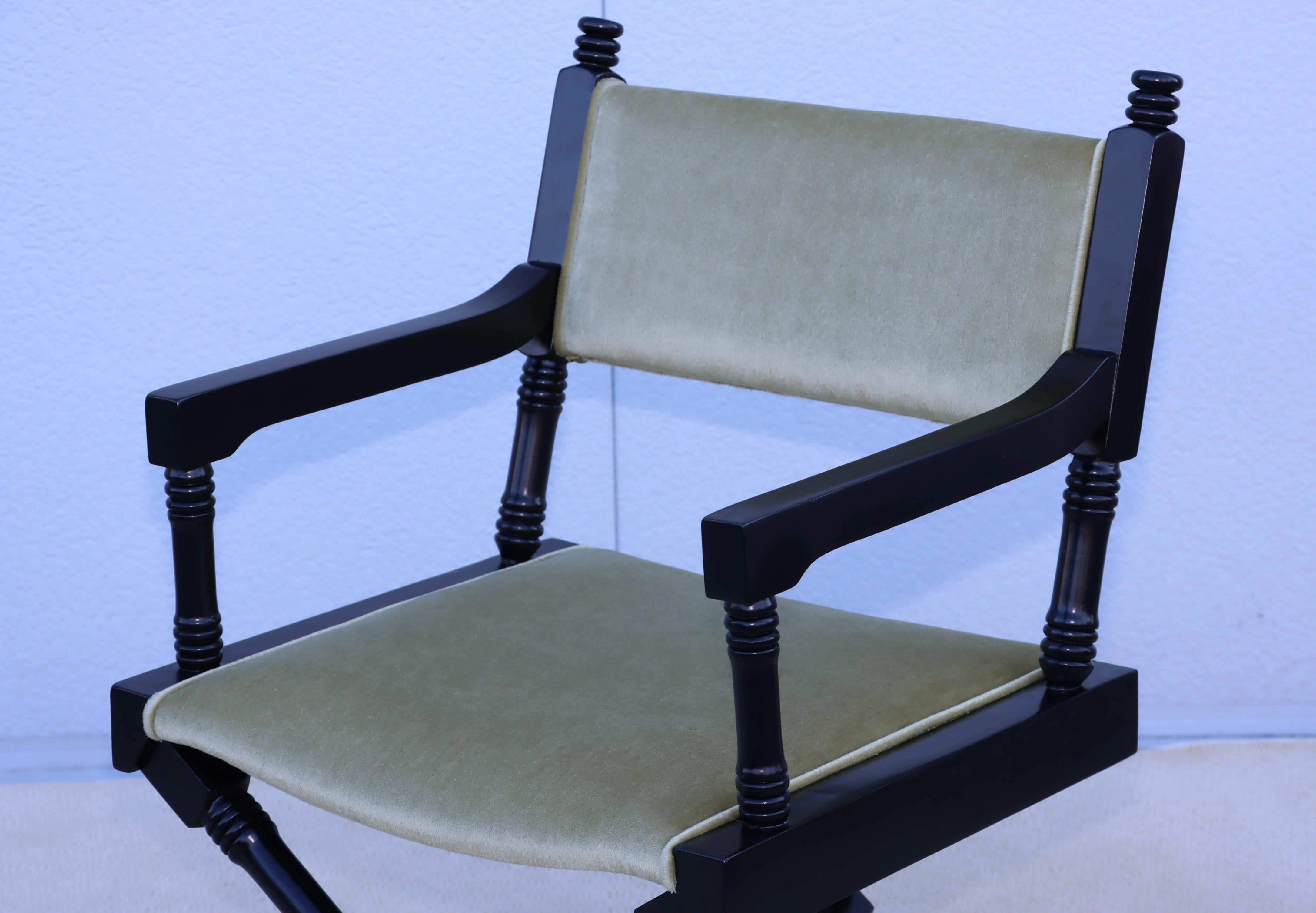 1960's X Base Black Lacquer Director Chairs With Mohair Upholstery. For Sale 6