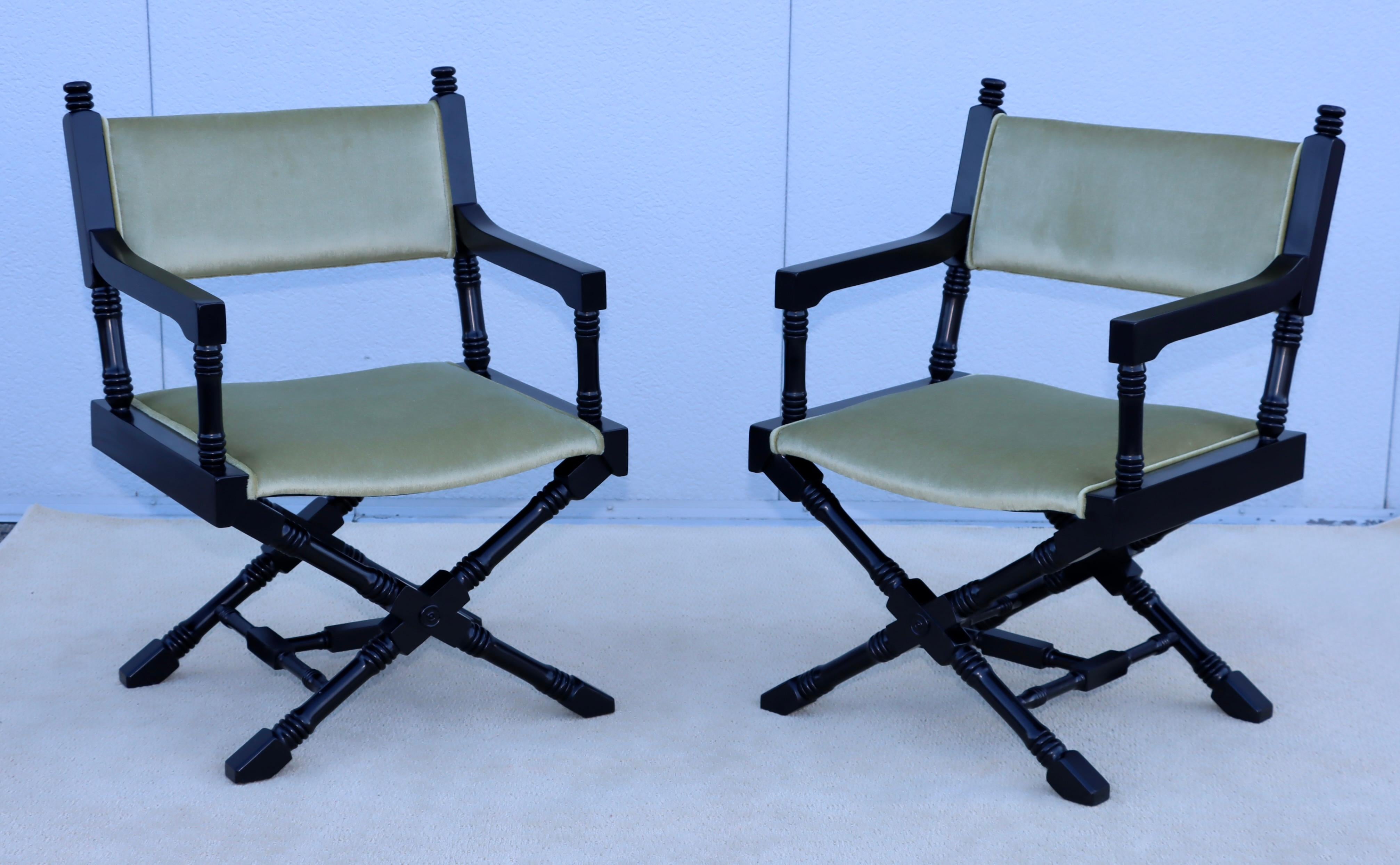 1960's Hollywood regency style director chairs newly reupholstered in mohair fabric and newly lacquered in black, with minor wear and patina due to age and use.