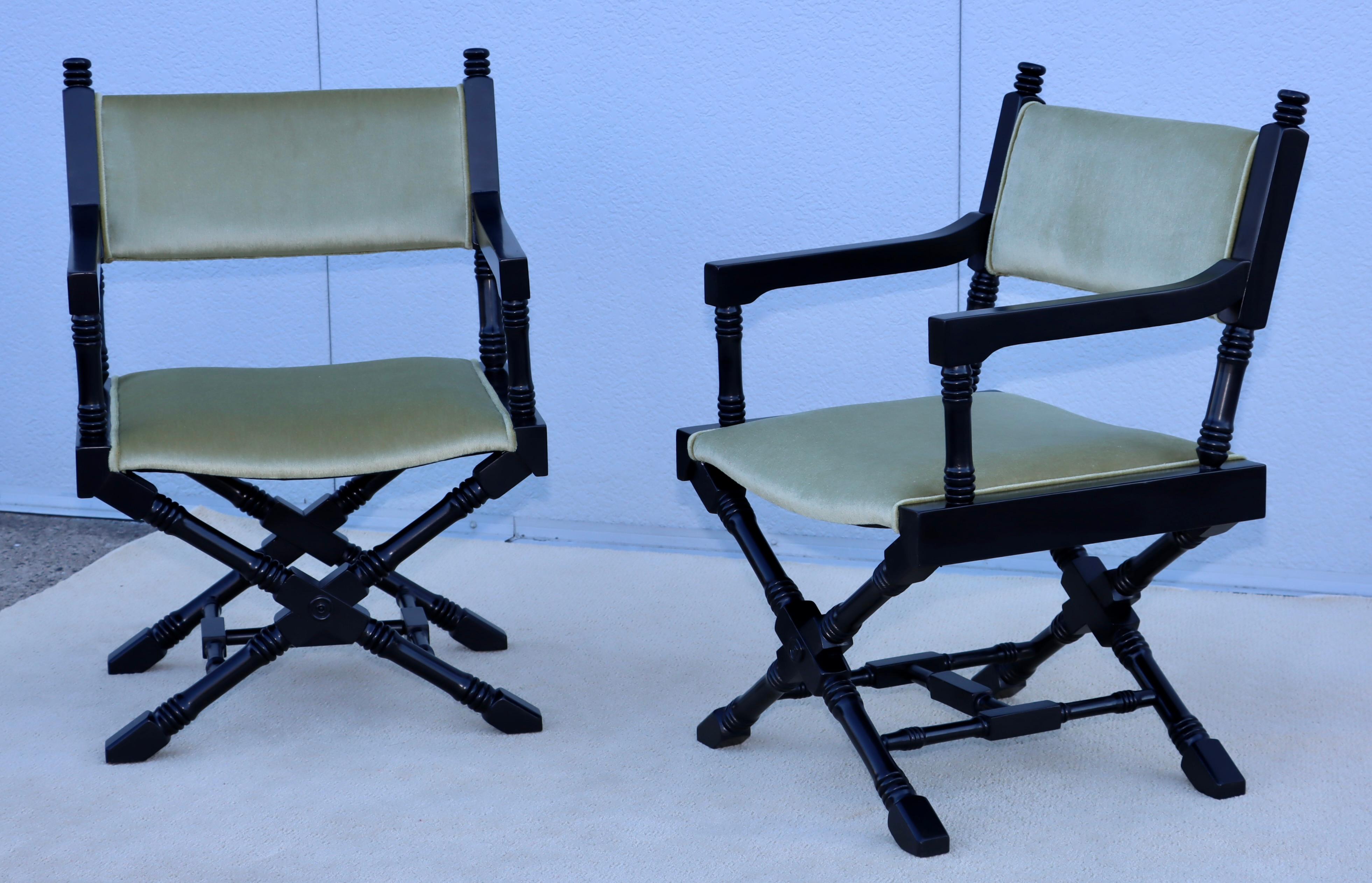 Mid-Century Modern 1960's X Base Black Lacquer Director Chairs With Mohair Upholstery. For Sale
